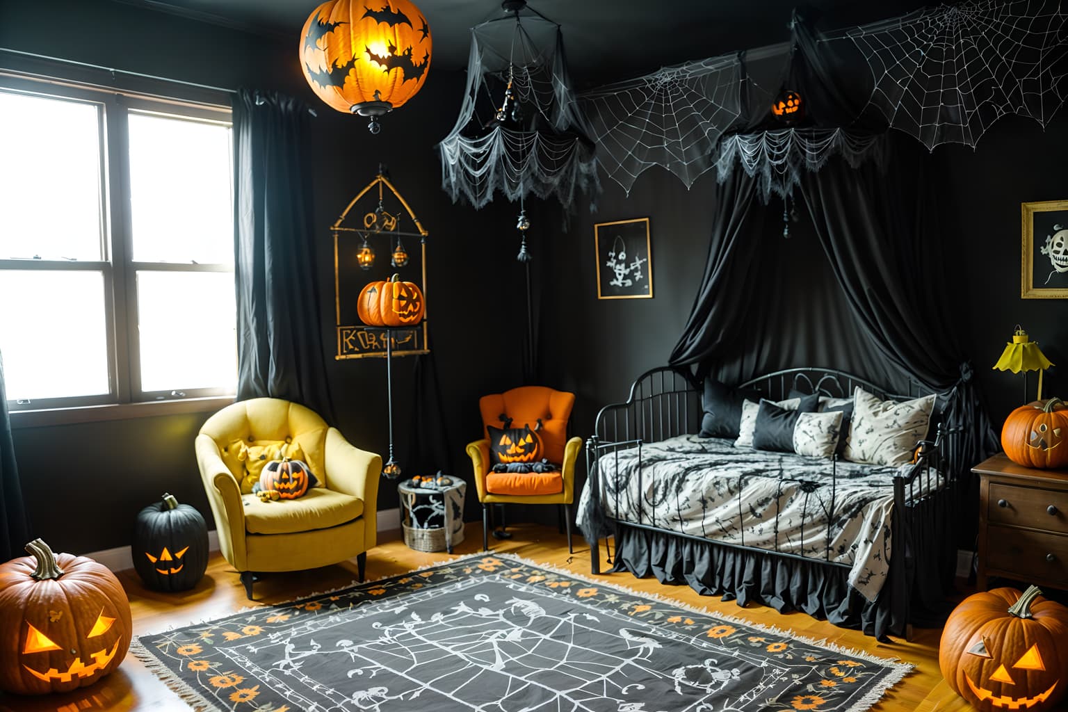 halloween-style (kids room interior) with accent chair and night light and mirror and bed and storage bench or ottoman and bedside table or night stand and dresser closet and plant. . with cobwebs and lanterns and spiderwebs and yellow black balloons and glowing pumpkins and skeletons sitting and standing and lanterns and cobwebs. . cinematic photo, highly detailed, cinematic lighting, ultra-detailed, ultrarealistic, photorealism, 8k. halloween interior design style. masterpiece, cinematic light, ultrarealistic+, photorealistic+, 8k, raw photo, realistic, sharp focus on eyes, (symmetrical eyes), (intact eyes), hyperrealistic, highest quality, best quality, , highly detailed, masterpiece, best quality, extremely detailed 8k wallpaper, masterpiece, best quality, ultra-detailed, best shadow, detailed background, detailed face, detailed eyes, high contrast, best illumination, detailed face, dulux, caustic, dynamic angle, detailed glow. dramatic lighting. highly detailed, insanely detailed hair, symmetrical, intricate details, professionally retouched, 8k high definition. strong bokeh. award winning photo.