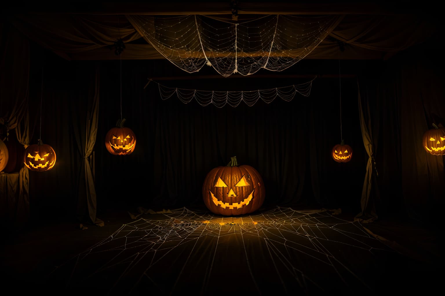 halloween-style (exhibition space interior) . with cobwebs and glowing pumpkins and human skulls and lanterns and cobwebs and spiderwebs and lanterns and yellow black balloons. . cinematic photo, highly detailed, cinematic lighting, ultra-detailed, ultrarealistic, photorealism, 8k. halloween interior design style. masterpiece, cinematic light, ultrarealistic+, photorealistic+, 8k, raw photo, realistic, sharp focus on eyes, (symmetrical eyes), (intact eyes), hyperrealistic, highest quality, best quality, , highly detailed, masterpiece, best quality, extremely detailed 8k wallpaper, masterpiece, best quality, ultra-detailed, best shadow, detailed background, detailed face, detailed eyes, high contrast, best illumination, detailed face, dulux, caustic, dynamic angle, detailed glow. dramatic lighting. highly detailed, insanely detailed hair, symmetrical, intricate details, professionally retouched, 8k high definition. strong bokeh. award winning photo.
