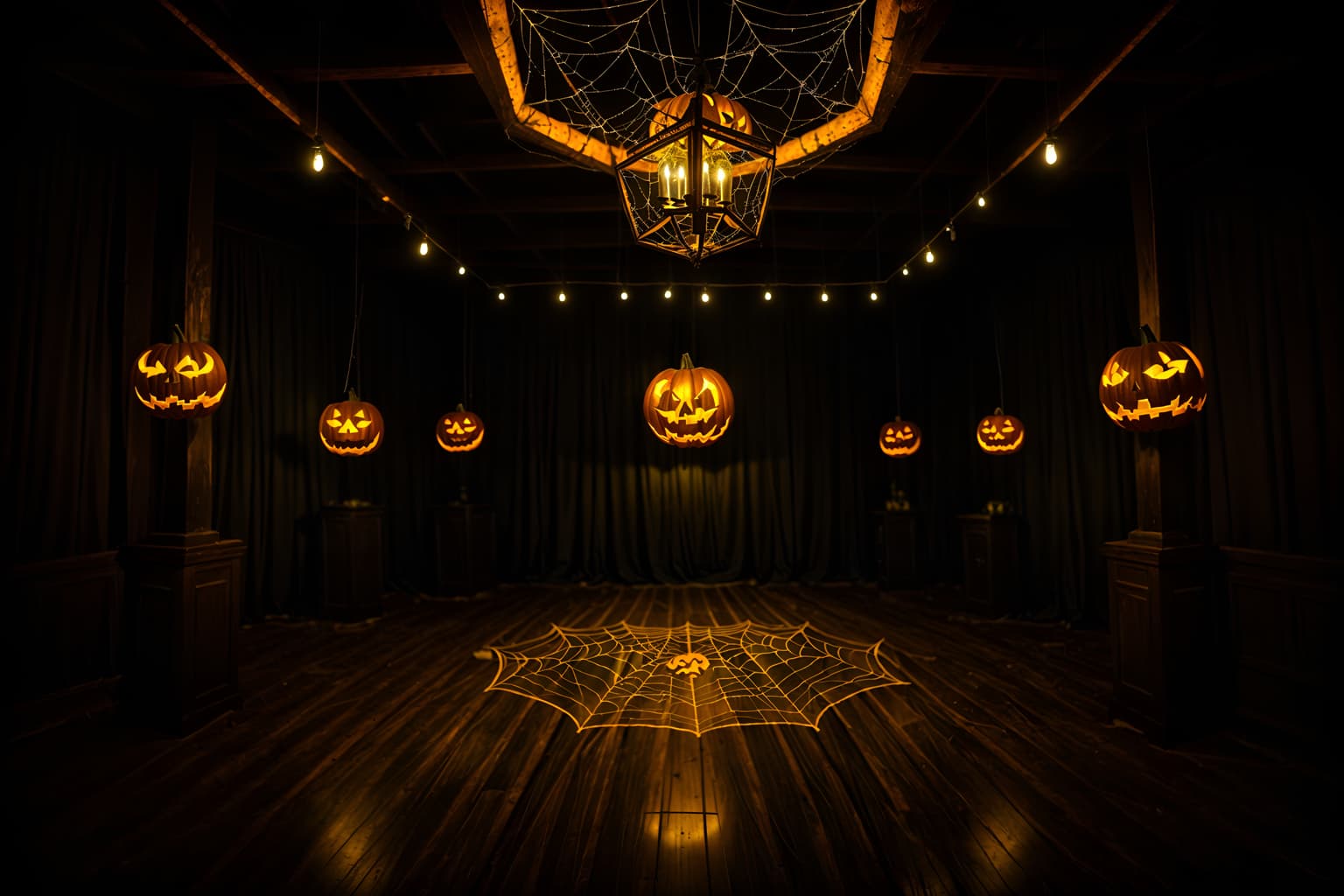 halloween-style (exhibition space interior) . with cobwebs and glowing pumpkins and human skulls and lanterns and cobwebs and spiderwebs and lanterns and yellow black balloons. . cinematic photo, highly detailed, cinematic lighting, ultra-detailed, ultrarealistic, photorealism, 8k. halloween interior design style. masterpiece, cinematic light, ultrarealistic+, photorealistic+, 8k, raw photo, realistic, sharp focus on eyes, (symmetrical eyes), (intact eyes), hyperrealistic, highest quality, best quality, , highly detailed, masterpiece, best quality, extremely detailed 8k wallpaper, masterpiece, best quality, ultra-detailed, best shadow, detailed background, detailed face, detailed eyes, high contrast, best illumination, detailed face, dulux, caustic, dynamic angle, detailed glow. dramatic lighting. highly detailed, insanely detailed hair, symmetrical, intricate details, professionally retouched, 8k high definition. strong bokeh. award winning photo.