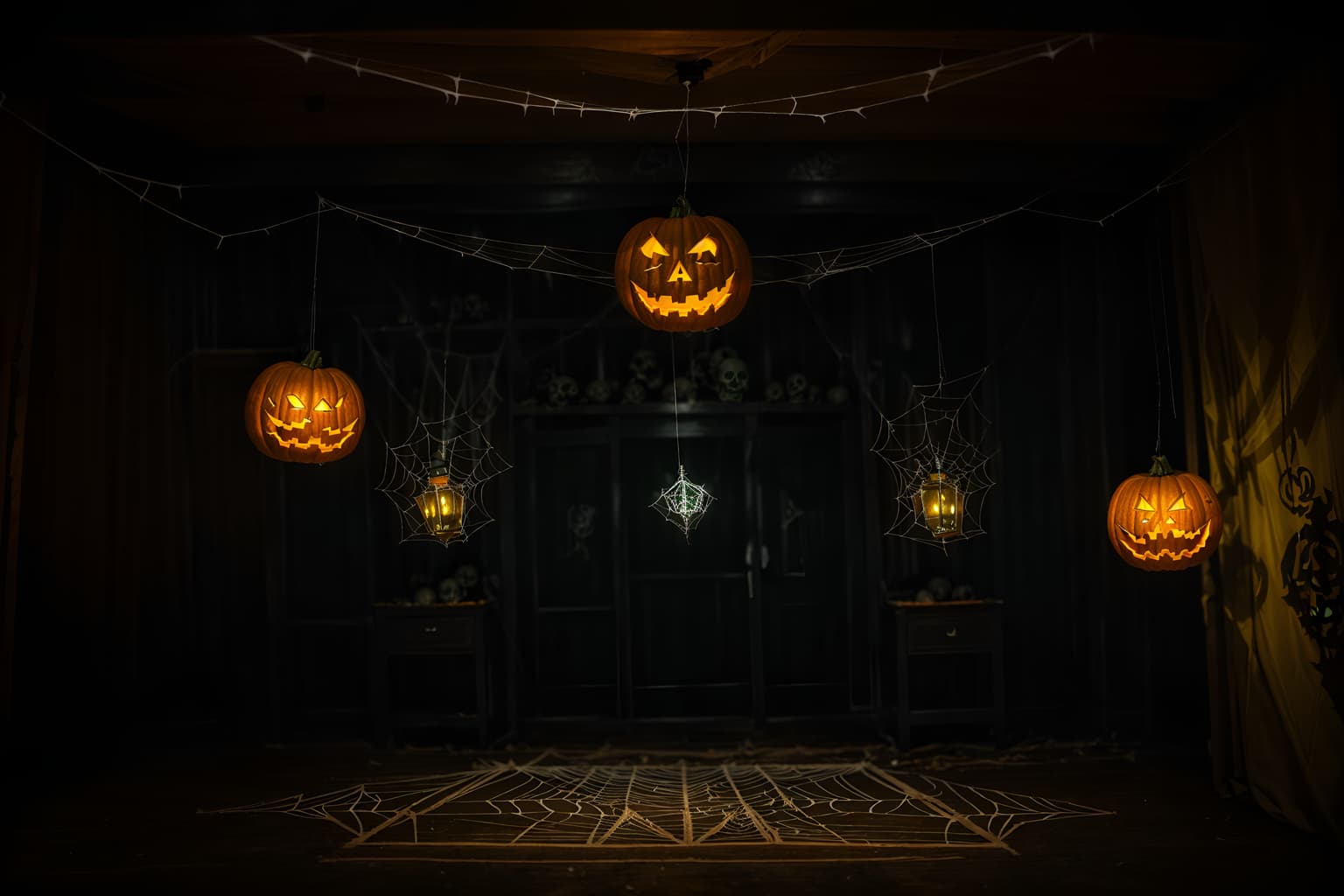 halloween-style (exhibition space interior) . with cobwebs and glowing pumpkins and human skulls and lanterns and cobwebs and spiderwebs and lanterns and yellow black balloons. . cinematic photo, highly detailed, cinematic lighting, ultra-detailed, ultrarealistic, photorealism, 8k. halloween interior design style. masterpiece, cinematic light, ultrarealistic+, photorealistic+, 8k, raw photo, realistic, sharp focus on eyes, (symmetrical eyes), (intact eyes), hyperrealistic, highest quality, best quality, , highly detailed, masterpiece, best quality, extremely detailed 8k wallpaper, masterpiece, best quality, ultra-detailed, best shadow, detailed background, detailed face, detailed eyes, high contrast, best illumination, detailed face, dulux, caustic, dynamic angle, detailed glow. dramatic lighting. highly detailed, insanely detailed hair, symmetrical, intricate details, professionally retouched, 8k high definition. strong bokeh. award winning photo.