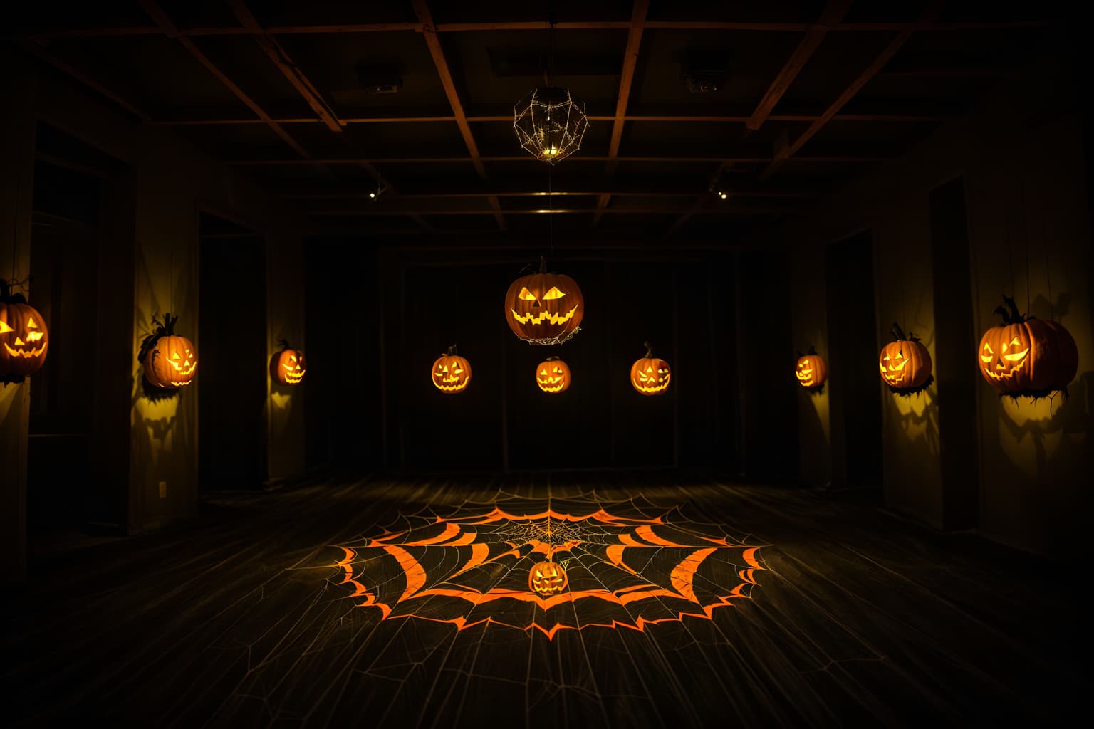 halloween-style (exhibition space interior) . with cobwebs and glowing pumpkins and human skulls and lanterns and cobwebs and spiderwebs and lanterns and yellow black balloons. . cinematic photo, highly detailed, cinematic lighting, ultra-detailed, ultrarealistic, photorealism, 8k. halloween interior design style. masterpiece, cinematic light, ultrarealistic+, photorealistic+, 8k, raw photo, realistic, sharp focus on eyes, (symmetrical eyes), (intact eyes), hyperrealistic, highest quality, best quality, , highly detailed, masterpiece, best quality, extremely detailed 8k wallpaper, masterpiece, best quality, ultra-detailed, best shadow, detailed background, detailed face, detailed eyes, high contrast, best illumination, detailed face, dulux, caustic, dynamic angle, detailed glow. dramatic lighting. highly detailed, insanely detailed hair, symmetrical, intricate details, professionally retouched, 8k high definition. strong bokeh. award winning photo.