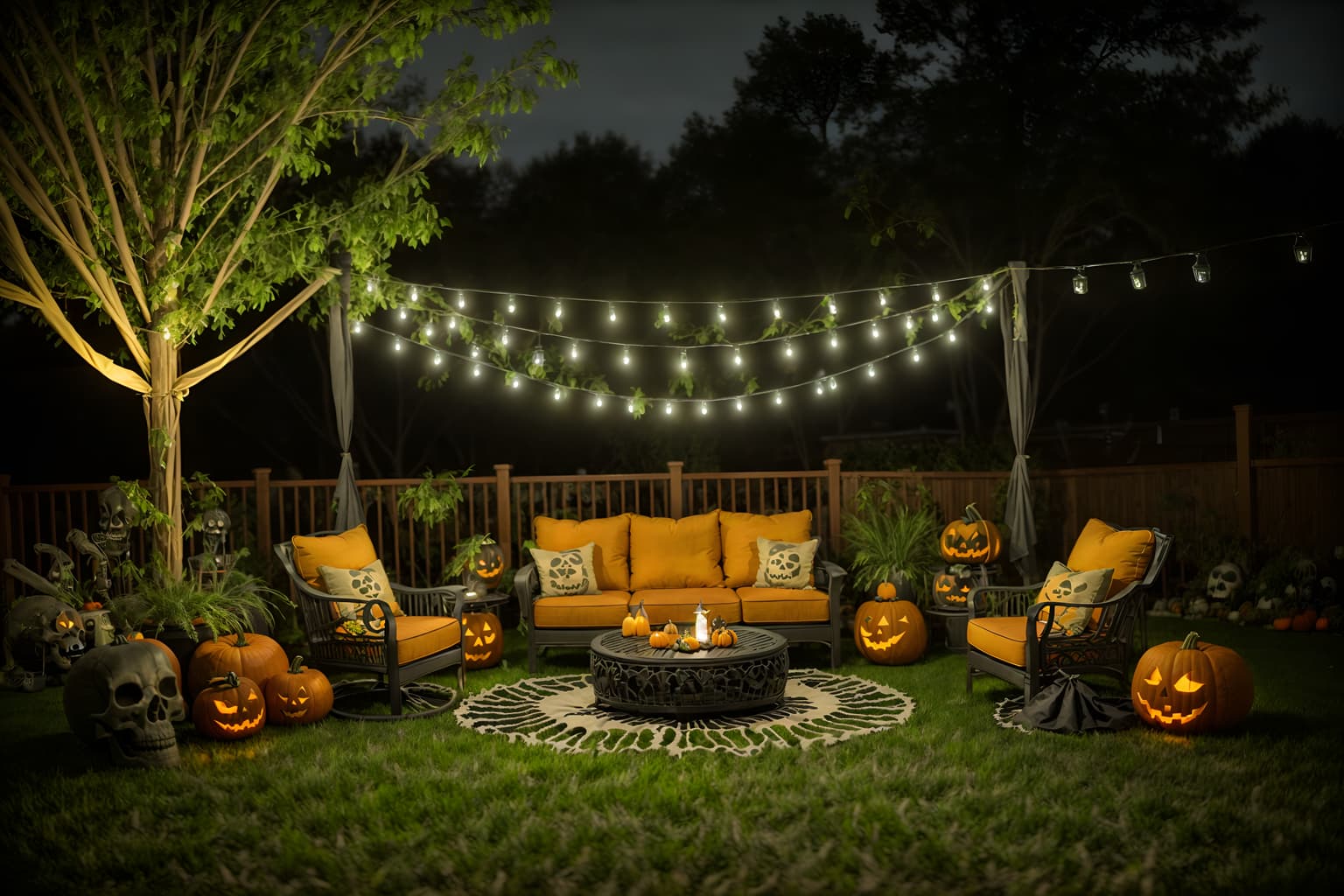 halloween-style designed (outdoor patio ) with patio couch with pillows and barbeque or grill and grass and plant and deck with deck chairs and patio couch with pillows. . with cobwebs and skeletons sitting and standing and glowing pumpkins and lanterns and lanterns and human skulls and yellow black balloons and cobwebs. . cinematic photo, highly detailed, cinematic lighting, ultra-detailed, ultrarealistic, photorealism, 8k. halloween design style. masterpiece, cinematic light, ultrarealistic+, photorealistic+, 8k, raw photo, realistic, sharp focus on eyes, (symmetrical eyes), (intact eyes), hyperrealistic, highest quality, best quality, , highly detailed, masterpiece, best quality, extremely detailed 8k wallpaper, masterpiece, best quality, ultra-detailed, best shadow, detailed background, detailed face, detailed eyes, high contrast, best illumination, detailed face, dulux, caustic, dynamic angle, detailed glow. dramatic lighting. highly detailed, insanely detailed hair, symmetrical, intricate details, professionally retouched, 8k high definition. strong bokeh. award winning photo.