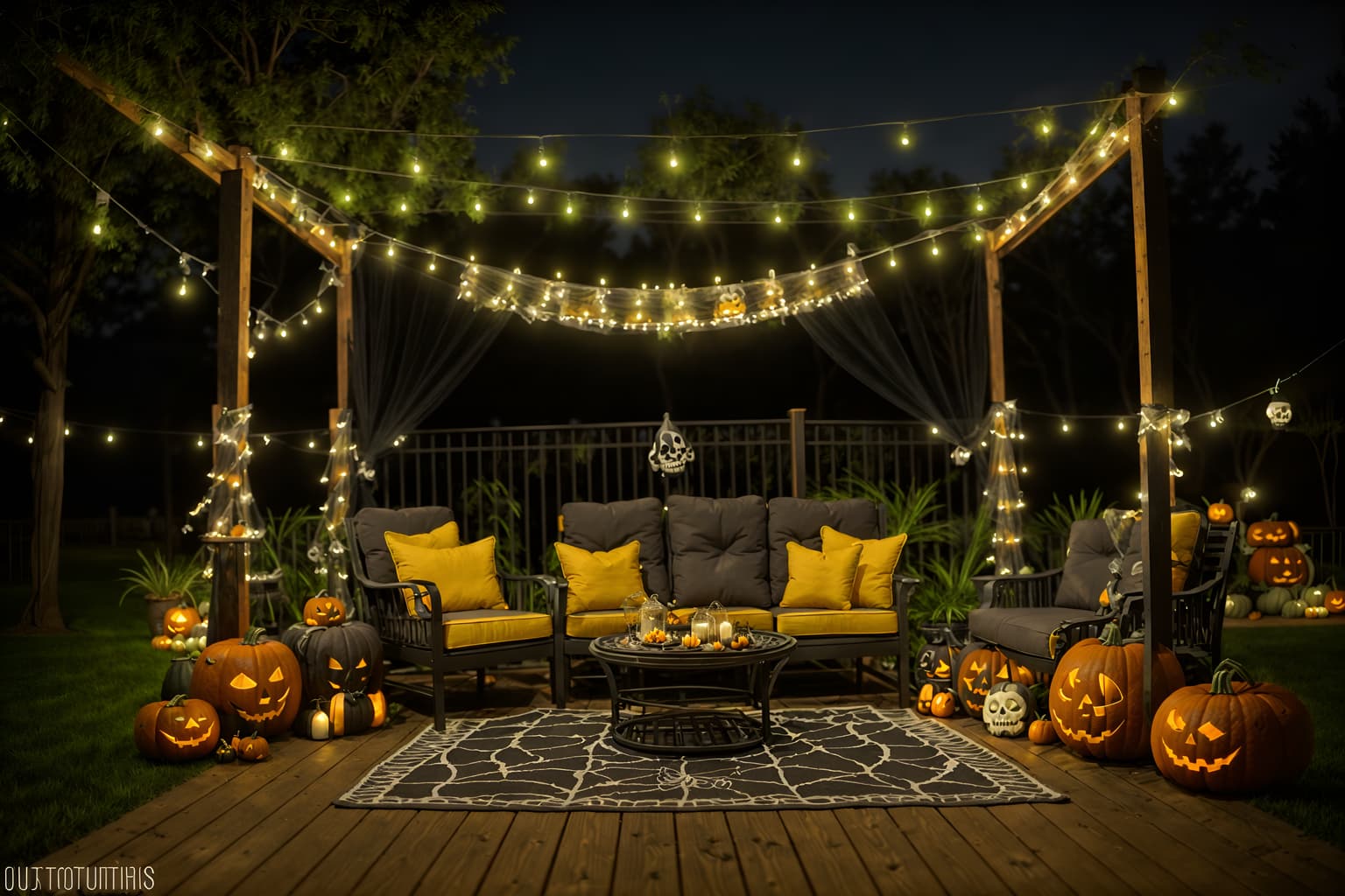halloween-style designed (outdoor patio ) with patio couch with pillows and barbeque or grill and grass and plant and deck with deck chairs and patio couch with pillows. . with cobwebs and skeletons sitting and standing and glowing pumpkins and lanterns and lanterns and human skulls and yellow black balloons and cobwebs. . cinematic photo, highly detailed, cinematic lighting, ultra-detailed, ultrarealistic, photorealism, 8k. halloween design style. masterpiece, cinematic light, ultrarealistic+, photorealistic+, 8k, raw photo, realistic, sharp focus on eyes, (symmetrical eyes), (intact eyes), hyperrealistic, highest quality, best quality, , highly detailed, masterpiece, best quality, extremely detailed 8k wallpaper, masterpiece, best quality, ultra-detailed, best shadow, detailed background, detailed face, detailed eyes, high contrast, best illumination, detailed face, dulux, caustic, dynamic angle, detailed glow. dramatic lighting. highly detailed, insanely detailed hair, symmetrical, intricate details, professionally retouched, 8k high definition. strong bokeh. award winning photo.