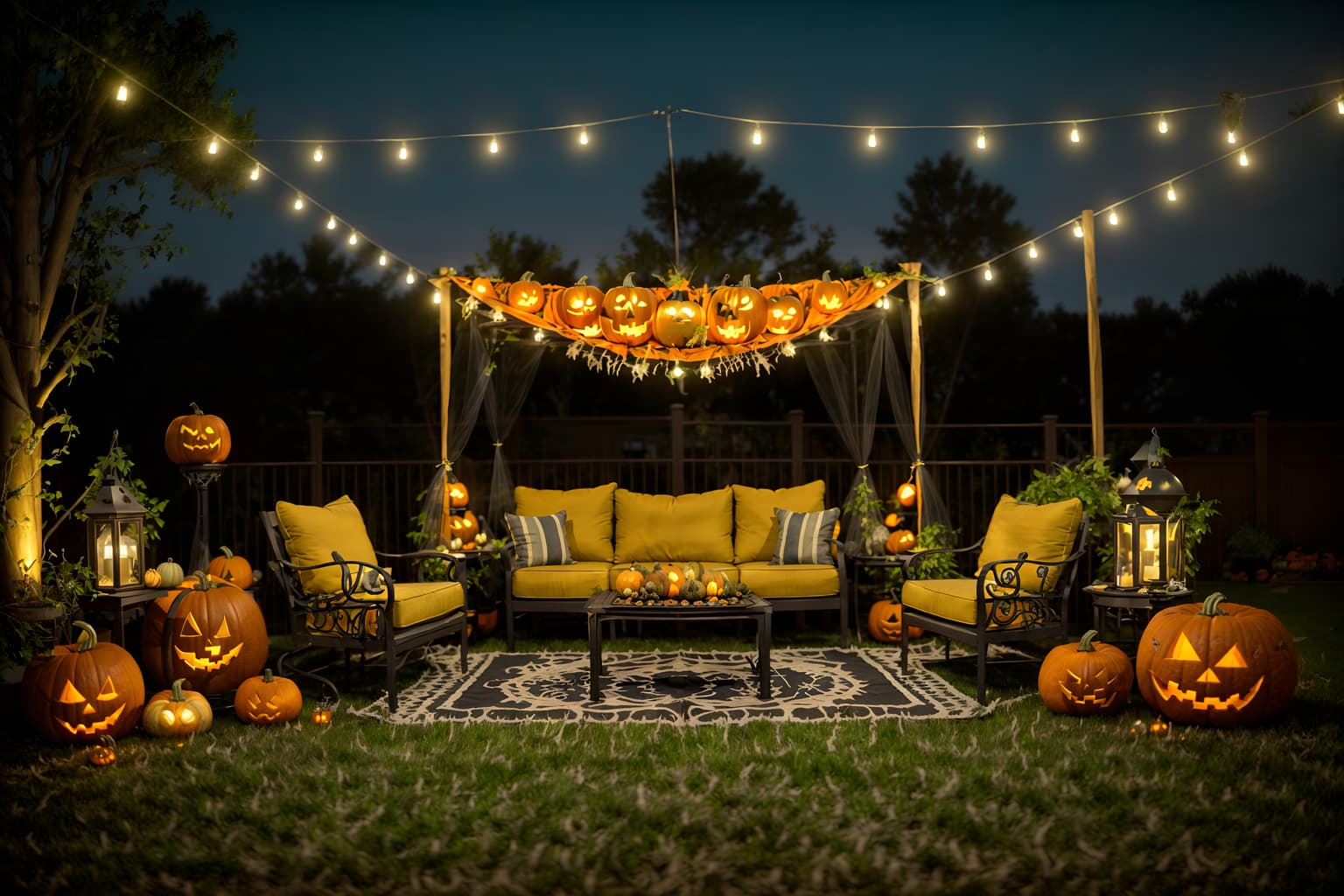 halloween-style designed (outdoor patio ) with patio couch with pillows and barbeque or grill and grass and plant and deck with deck chairs and patio couch with pillows. . with cobwebs and skeletons sitting and standing and glowing pumpkins and lanterns and lanterns and human skulls and yellow black balloons and cobwebs. . cinematic photo, highly detailed, cinematic lighting, ultra-detailed, ultrarealistic, photorealism, 8k. halloween design style. masterpiece, cinematic light, ultrarealistic+, photorealistic+, 8k, raw photo, realistic, sharp focus on eyes, (symmetrical eyes), (intact eyes), hyperrealistic, highest quality, best quality, , highly detailed, masterpiece, best quality, extremely detailed 8k wallpaper, masterpiece, best quality, ultra-detailed, best shadow, detailed background, detailed face, detailed eyes, high contrast, best illumination, detailed face, dulux, caustic, dynamic angle, detailed glow. dramatic lighting. highly detailed, insanely detailed hair, symmetrical, intricate details, professionally retouched, 8k high definition. strong bokeh. award winning photo.