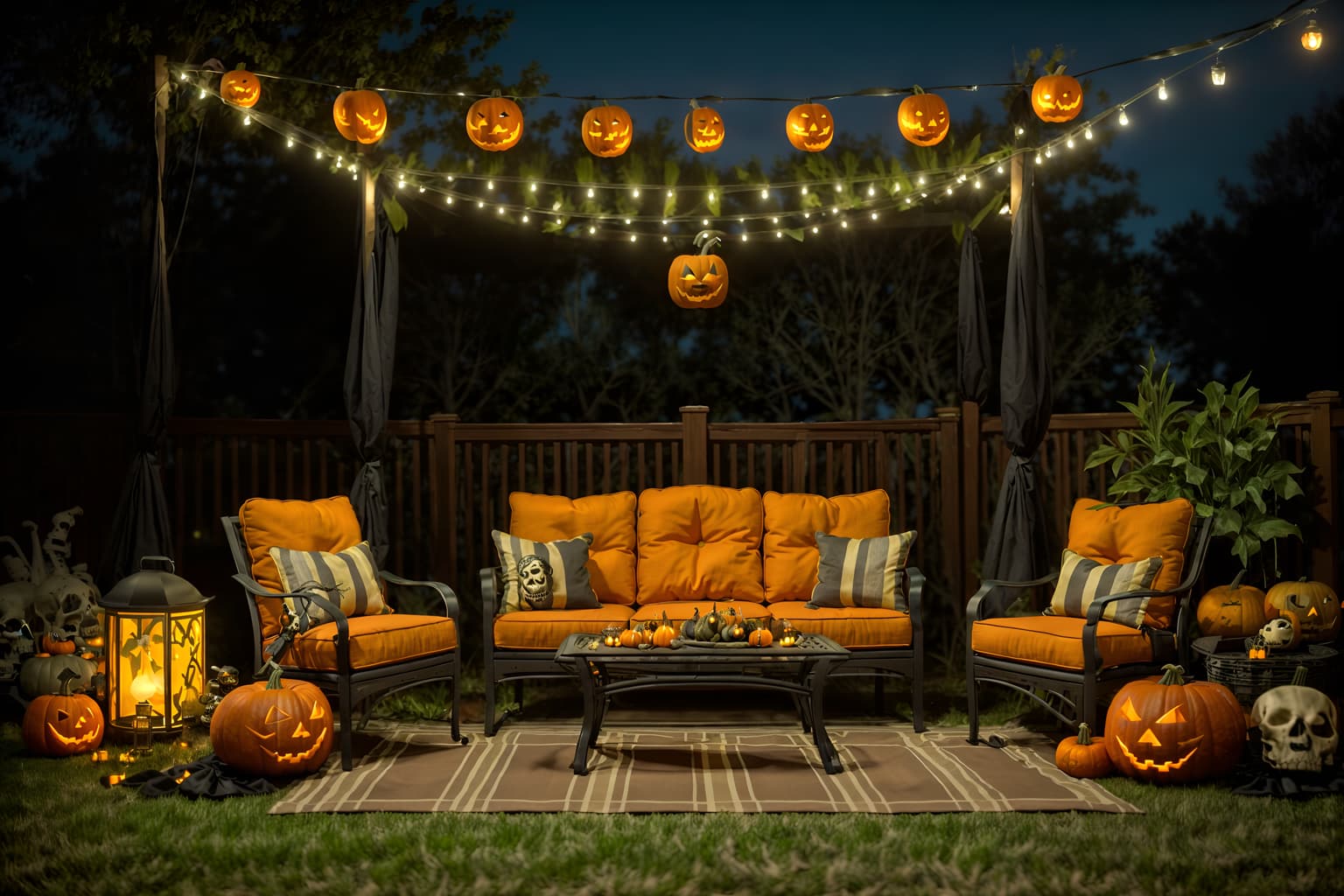 halloween-style designed (outdoor patio ) with patio couch with pillows and barbeque or grill and grass and plant and deck with deck chairs and patio couch with pillows. . with cobwebs and skeletons sitting and standing and glowing pumpkins and lanterns and lanterns and human skulls and yellow black balloons and cobwebs. . cinematic photo, highly detailed, cinematic lighting, ultra-detailed, ultrarealistic, photorealism, 8k. halloween design style. masterpiece, cinematic light, ultrarealistic+, photorealistic+, 8k, raw photo, realistic, sharp focus on eyes, (symmetrical eyes), (intact eyes), hyperrealistic, highest quality, best quality, , highly detailed, masterpiece, best quality, extremely detailed 8k wallpaper, masterpiece, best quality, ultra-detailed, best shadow, detailed background, detailed face, detailed eyes, high contrast, best illumination, detailed face, dulux, caustic, dynamic angle, detailed glow. dramatic lighting. highly detailed, insanely detailed hair, symmetrical, intricate details, professionally retouched, 8k high definition. strong bokeh. award winning photo.