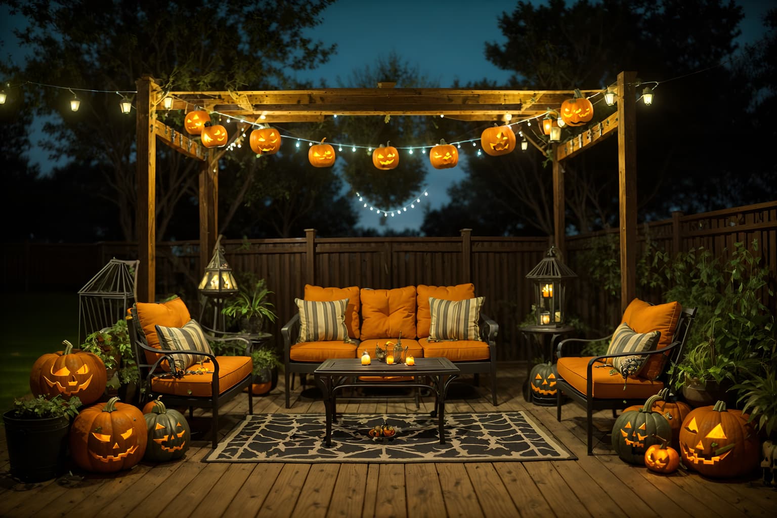 halloween-style designed (outdoor patio ) with patio couch with pillows and barbeque or grill and grass and plant and deck with deck chairs and patio couch with pillows. . with cobwebs and skeletons sitting and standing and glowing pumpkins and lanterns and lanterns and human skulls and yellow black balloons and cobwebs. . cinematic photo, highly detailed, cinematic lighting, ultra-detailed, ultrarealistic, photorealism, 8k. halloween design style. masterpiece, cinematic light, ultrarealistic+, photorealistic+, 8k, raw photo, realistic, sharp focus on eyes, (symmetrical eyes), (intact eyes), hyperrealistic, highest quality, best quality, , highly detailed, masterpiece, best quality, extremely detailed 8k wallpaper, masterpiece, best quality, ultra-detailed, best shadow, detailed background, detailed face, detailed eyes, high contrast, best illumination, detailed face, dulux, caustic, dynamic angle, detailed glow. dramatic lighting. highly detailed, insanely detailed hair, symmetrical, intricate details, professionally retouched, 8k high definition. strong bokeh. award winning photo.