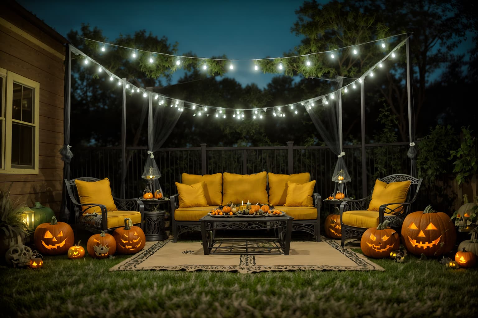 halloween-style designed (outdoor patio ) with patio couch with pillows and barbeque or grill and grass and plant and deck with deck chairs and patio couch with pillows. . with cobwebs and skeletons sitting and standing and glowing pumpkins and lanterns and lanterns and human skulls and yellow black balloons and cobwebs. . cinematic photo, highly detailed, cinematic lighting, ultra-detailed, ultrarealistic, photorealism, 8k. halloween design style. masterpiece, cinematic light, ultrarealistic+, photorealistic+, 8k, raw photo, realistic, sharp focus on eyes, (symmetrical eyes), (intact eyes), hyperrealistic, highest quality, best quality, , highly detailed, masterpiece, best quality, extremely detailed 8k wallpaper, masterpiece, best quality, ultra-detailed, best shadow, detailed background, detailed face, detailed eyes, high contrast, best illumination, detailed face, dulux, caustic, dynamic angle, detailed glow. dramatic lighting. highly detailed, insanely detailed hair, symmetrical, intricate details, professionally retouched, 8k high definition. strong bokeh. award winning photo.