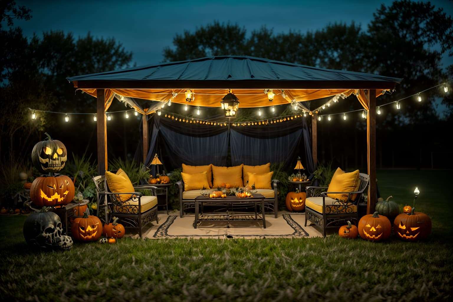 halloween-style designed (outdoor patio ) with patio couch with pillows and barbeque or grill and grass and plant and deck with deck chairs and patio couch with pillows. . with cobwebs and skeletons sitting and standing and glowing pumpkins and lanterns and lanterns and human skulls and yellow black balloons and cobwebs. . cinematic photo, highly detailed, cinematic lighting, ultra-detailed, ultrarealistic, photorealism, 8k. halloween design style. masterpiece, cinematic light, ultrarealistic+, photorealistic+, 8k, raw photo, realistic, sharp focus on eyes, (symmetrical eyes), (intact eyes), hyperrealistic, highest quality, best quality, , highly detailed, masterpiece, best quality, extremely detailed 8k wallpaper, masterpiece, best quality, ultra-detailed, best shadow, detailed background, detailed face, detailed eyes, high contrast, best illumination, detailed face, dulux, caustic, dynamic angle, detailed glow. dramatic lighting. highly detailed, insanely detailed hair, symmetrical, intricate details, professionally retouched, 8k high definition. strong bokeh. award winning photo.
