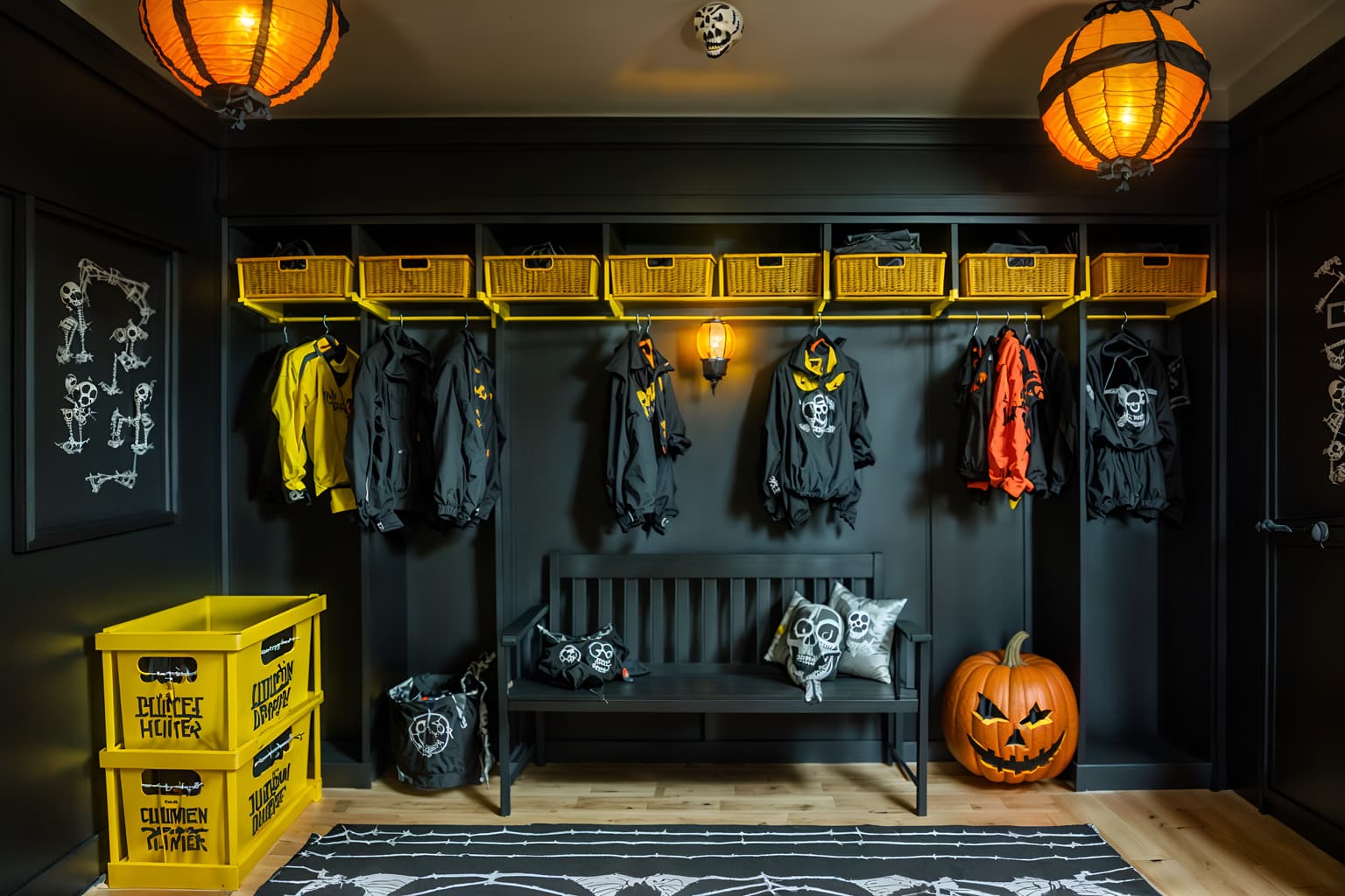 halloween-style (drop zone interior) with a bench and storage baskets and lockers and cabinets and shelves for shoes and cubbies and wall hooks for coats and high up storage. . with skeletons sitting and standing and yellow black balloons and lanterns and spiderwebs and cobwebs and cobwebs and human skulls and lanterns. . cinematic photo, highly detailed, cinematic lighting, ultra-detailed, ultrarealistic, photorealism, 8k. halloween interior design style. masterpiece, cinematic light, ultrarealistic+, photorealistic+, 8k, raw photo, realistic, sharp focus on eyes, (symmetrical eyes), (intact eyes), hyperrealistic, highest quality, best quality, , highly detailed, masterpiece, best quality, extremely detailed 8k wallpaper, masterpiece, best quality, ultra-detailed, best shadow, detailed background, detailed face, detailed eyes, high contrast, best illumination, detailed face, dulux, caustic, dynamic angle, detailed glow. dramatic lighting. highly detailed, insanely detailed hair, symmetrical, intricate details, professionally retouched, 8k high definition. strong bokeh. award winning photo.