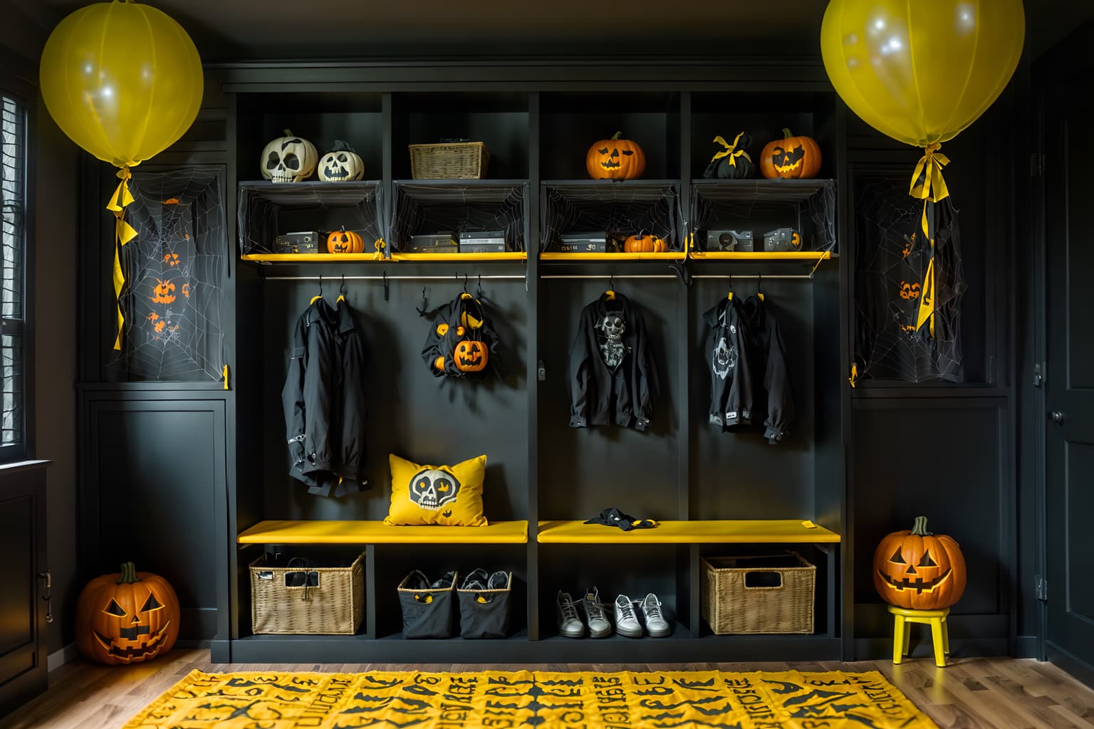 halloween-style (drop zone interior) with a bench and storage baskets and lockers and cabinets and shelves for shoes and cubbies and wall hooks for coats and high up storage. . with skeletons sitting and standing and yellow black balloons and lanterns and spiderwebs and cobwebs and cobwebs and human skulls and lanterns. . cinematic photo, highly detailed, cinematic lighting, ultra-detailed, ultrarealistic, photorealism, 8k. halloween interior design style. masterpiece, cinematic light, ultrarealistic+, photorealistic+, 8k, raw photo, realistic, sharp focus on eyes, (symmetrical eyes), (intact eyes), hyperrealistic, highest quality, best quality, , highly detailed, masterpiece, best quality, extremely detailed 8k wallpaper, masterpiece, best quality, ultra-detailed, best shadow, detailed background, detailed face, detailed eyes, high contrast, best illumination, detailed face, dulux, caustic, dynamic angle, detailed glow. dramatic lighting. highly detailed, insanely detailed hair, symmetrical, intricate details, professionally retouched, 8k high definition. strong bokeh. award winning photo.