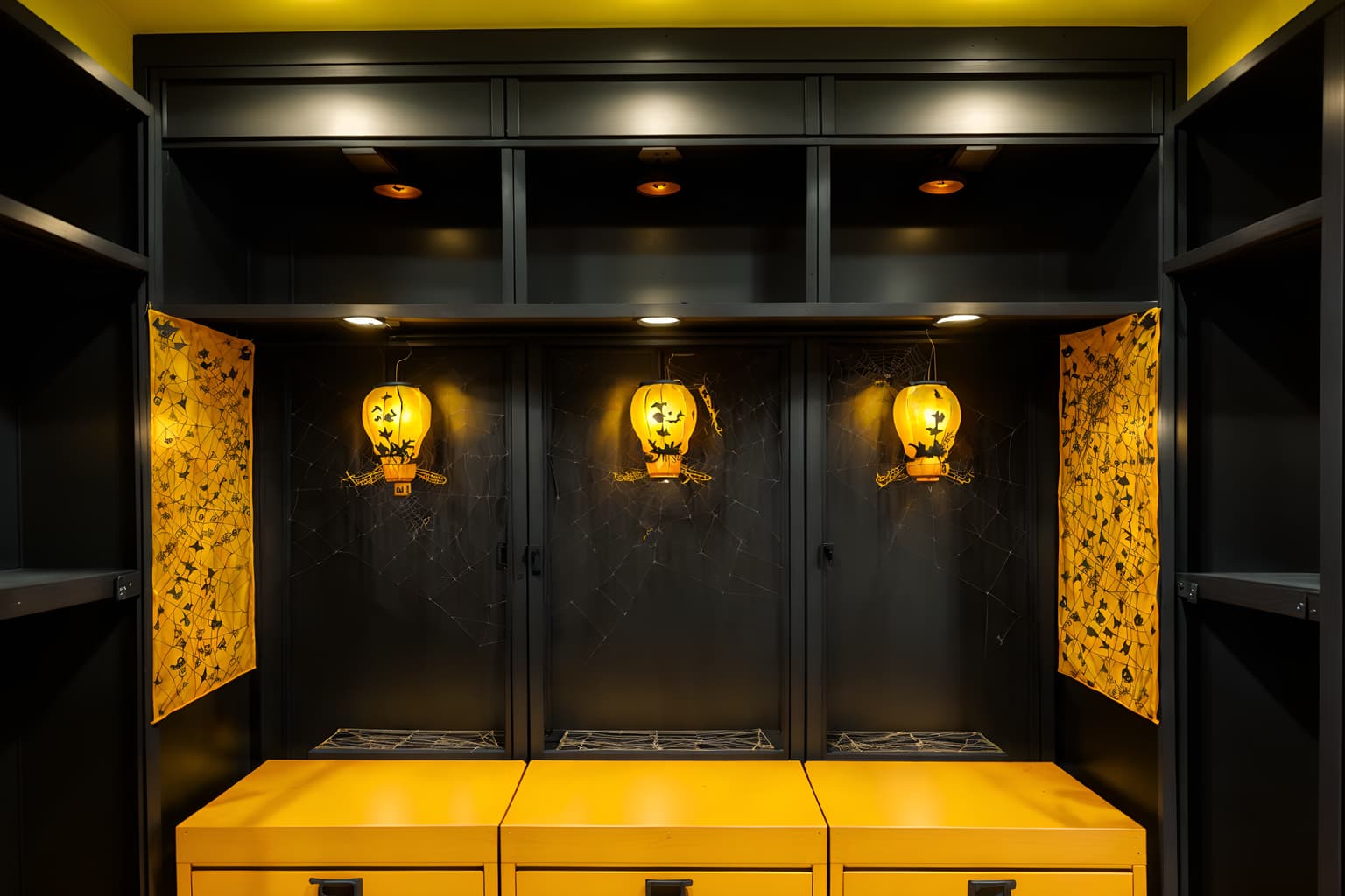 halloween-style (drop zone interior) with a bench and storage baskets and lockers and cabinets and shelves for shoes and cubbies and wall hooks for coats and high up storage. . with skeletons sitting and standing and yellow black balloons and lanterns and spiderwebs and cobwebs and cobwebs and human skulls and lanterns. . cinematic photo, highly detailed, cinematic lighting, ultra-detailed, ultrarealistic, photorealism, 8k. halloween interior design style. masterpiece, cinematic light, ultrarealistic+, photorealistic+, 8k, raw photo, realistic, sharp focus on eyes, (symmetrical eyes), (intact eyes), hyperrealistic, highest quality, best quality, , highly detailed, masterpiece, best quality, extremely detailed 8k wallpaper, masterpiece, best quality, ultra-detailed, best shadow, detailed background, detailed face, detailed eyes, high contrast, best illumination, detailed face, dulux, caustic, dynamic angle, detailed glow. dramatic lighting. highly detailed, insanely detailed hair, symmetrical, intricate details, professionally retouched, 8k high definition. strong bokeh. award winning photo.