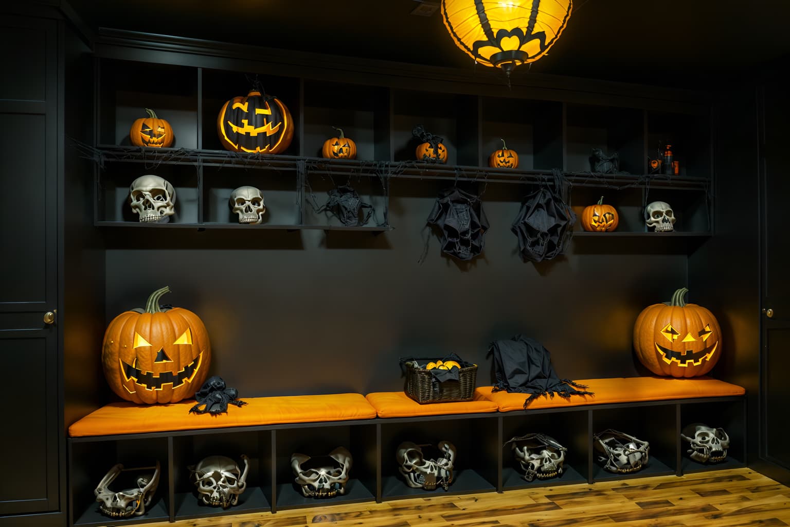 halloween-style (drop zone interior) with a bench and storage baskets and lockers and cabinets and shelves for shoes and cubbies and wall hooks for coats and high up storage. . with skeletons sitting and standing and yellow black balloons and lanterns and spiderwebs and cobwebs and cobwebs and human skulls and lanterns. . cinematic photo, highly detailed, cinematic lighting, ultra-detailed, ultrarealistic, photorealism, 8k. halloween interior design style. masterpiece, cinematic light, ultrarealistic+, photorealistic+, 8k, raw photo, realistic, sharp focus on eyes, (symmetrical eyes), (intact eyes), hyperrealistic, highest quality, best quality, , highly detailed, masterpiece, best quality, extremely detailed 8k wallpaper, masterpiece, best quality, ultra-detailed, best shadow, detailed background, detailed face, detailed eyes, high contrast, best illumination, detailed face, dulux, caustic, dynamic angle, detailed glow. dramatic lighting. highly detailed, insanely detailed hair, symmetrical, intricate details, professionally retouched, 8k high definition. strong bokeh. award winning photo.