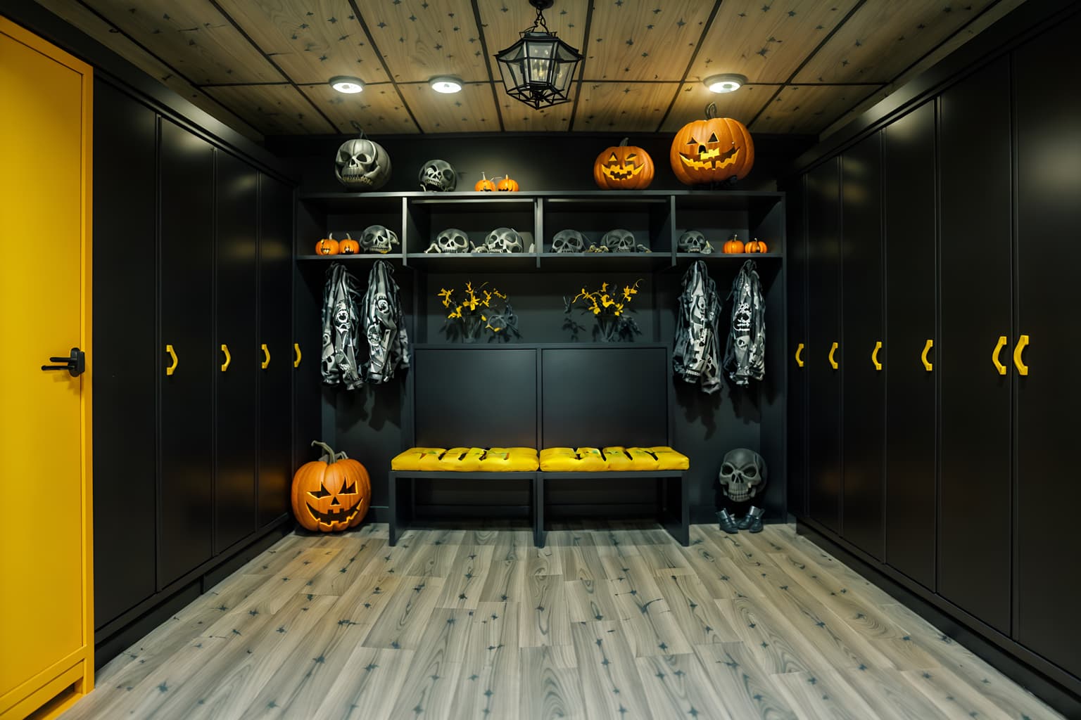 halloween-style (drop zone interior) with a bench and storage baskets and lockers and cabinets and shelves for shoes and cubbies and wall hooks for coats and high up storage. . with skeletons sitting and standing and yellow black balloons and lanterns and spiderwebs and cobwebs and cobwebs and human skulls and lanterns. . cinematic photo, highly detailed, cinematic lighting, ultra-detailed, ultrarealistic, photorealism, 8k. halloween interior design style. masterpiece, cinematic light, ultrarealistic+, photorealistic+, 8k, raw photo, realistic, sharp focus on eyes, (symmetrical eyes), (intact eyes), hyperrealistic, highest quality, best quality, , highly detailed, masterpiece, best quality, extremely detailed 8k wallpaper, masterpiece, best quality, ultra-detailed, best shadow, detailed background, detailed face, detailed eyes, high contrast, best illumination, detailed face, dulux, caustic, dynamic angle, detailed glow. dramatic lighting. highly detailed, insanely detailed hair, symmetrical, intricate details, professionally retouched, 8k high definition. strong bokeh. award winning photo.