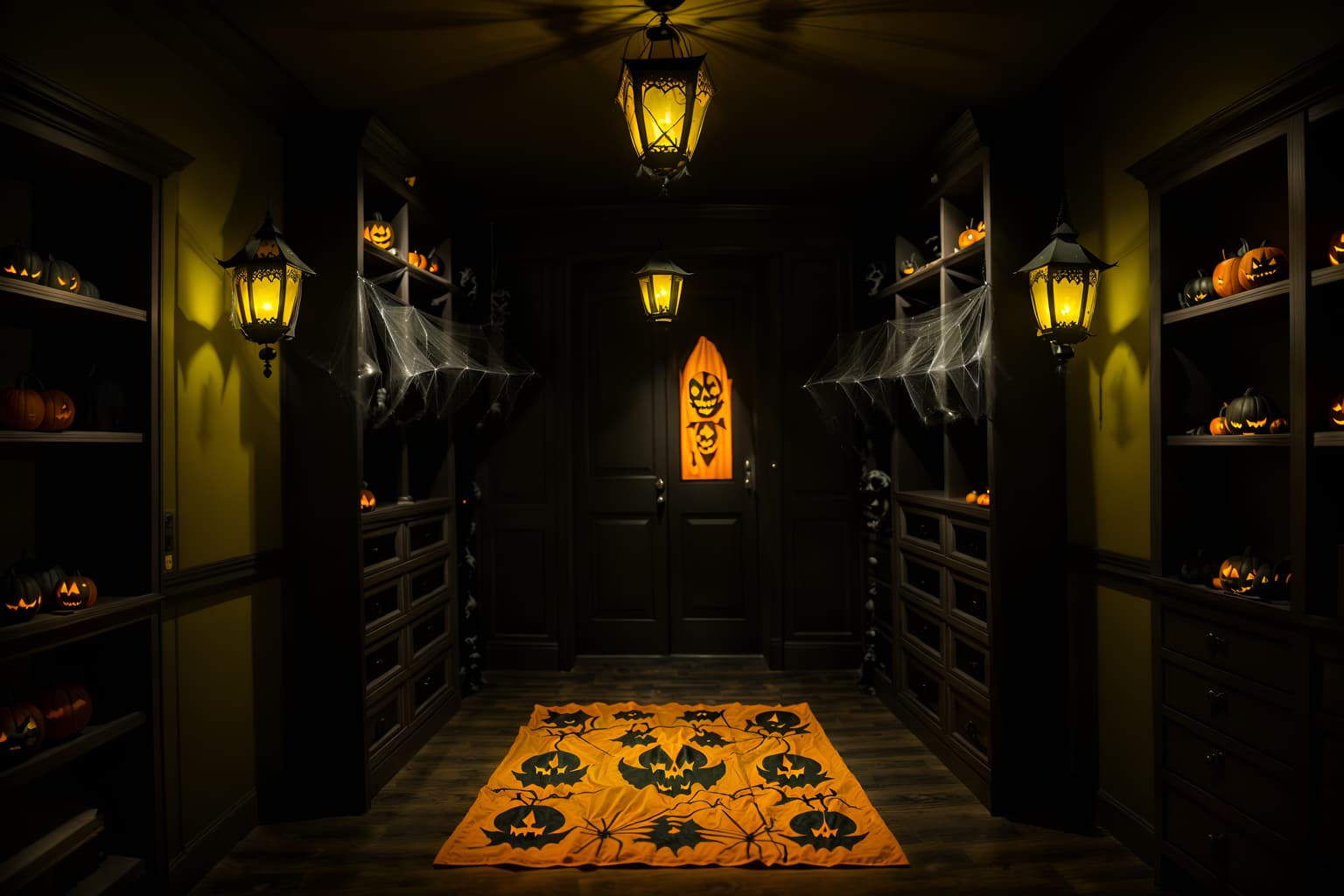 halloween-style (walk in closet interior) . with yellow black balloons and lanterns and glowing pumpkins and spiderwebs and lanterns and cobwebs and cobwebs and human skulls. . cinematic photo, highly detailed, cinematic lighting, ultra-detailed, ultrarealistic, photorealism, 8k. halloween interior design style. masterpiece, cinematic light, ultrarealistic+, photorealistic+, 8k, raw photo, realistic, sharp focus on eyes, (symmetrical eyes), (intact eyes), hyperrealistic, highest quality, best quality, , highly detailed, masterpiece, best quality, extremely detailed 8k wallpaper, masterpiece, best quality, ultra-detailed, best shadow, detailed background, detailed face, detailed eyes, high contrast, best illumination, detailed face, dulux, caustic, dynamic angle, detailed glow. dramatic lighting. highly detailed, insanely detailed hair, symmetrical, intricate details, professionally retouched, 8k high definition. strong bokeh. award winning photo.