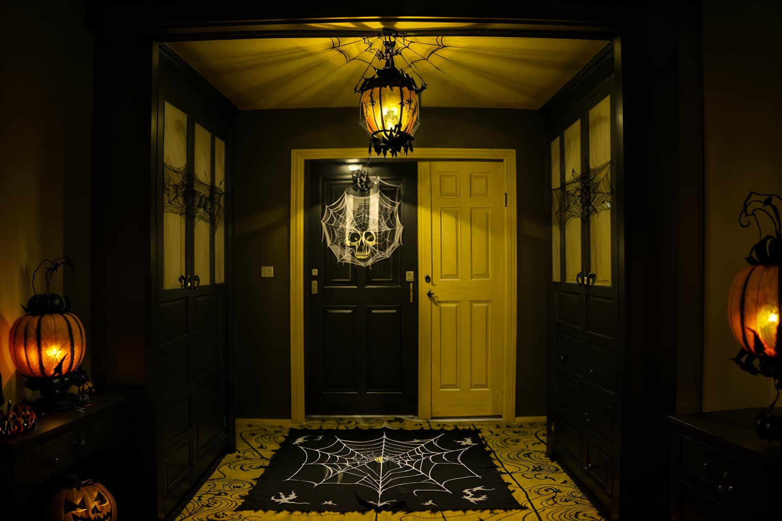 halloween-style (walk in closet interior) . with yellow black balloons and lanterns and glowing pumpkins and spiderwebs and lanterns and cobwebs and cobwebs and human skulls. . cinematic photo, highly detailed, cinematic lighting, ultra-detailed, ultrarealistic, photorealism, 8k. halloween interior design style. masterpiece, cinematic light, ultrarealistic+, photorealistic+, 8k, raw photo, realistic, sharp focus on eyes, (symmetrical eyes), (intact eyes), hyperrealistic, highest quality, best quality, , highly detailed, masterpiece, best quality, extremely detailed 8k wallpaper, masterpiece, best quality, ultra-detailed, best shadow, detailed background, detailed face, detailed eyes, high contrast, best illumination, detailed face, dulux, caustic, dynamic angle, detailed glow. dramatic lighting. highly detailed, insanely detailed hair, symmetrical, intricate details, professionally retouched, 8k high definition. strong bokeh. award winning photo.
