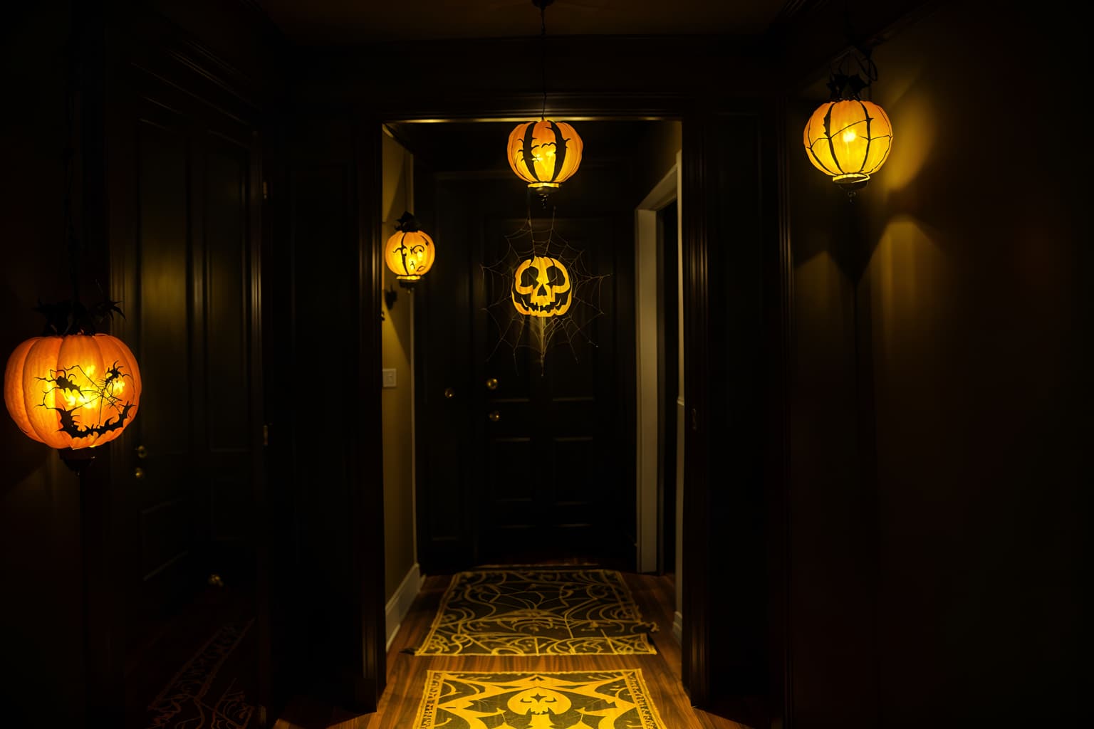 halloween-style (walk in closet interior) . with yellow black balloons and lanterns and glowing pumpkins and spiderwebs and lanterns and cobwebs and cobwebs and human skulls. . cinematic photo, highly detailed, cinematic lighting, ultra-detailed, ultrarealistic, photorealism, 8k. halloween interior design style. masterpiece, cinematic light, ultrarealistic+, photorealistic+, 8k, raw photo, realistic, sharp focus on eyes, (symmetrical eyes), (intact eyes), hyperrealistic, highest quality, best quality, , highly detailed, masterpiece, best quality, extremely detailed 8k wallpaper, masterpiece, best quality, ultra-detailed, best shadow, detailed background, detailed face, detailed eyes, high contrast, best illumination, detailed face, dulux, caustic, dynamic angle, detailed glow. dramatic lighting. highly detailed, insanely detailed hair, symmetrical, intricate details, professionally retouched, 8k high definition. strong bokeh. award winning photo.