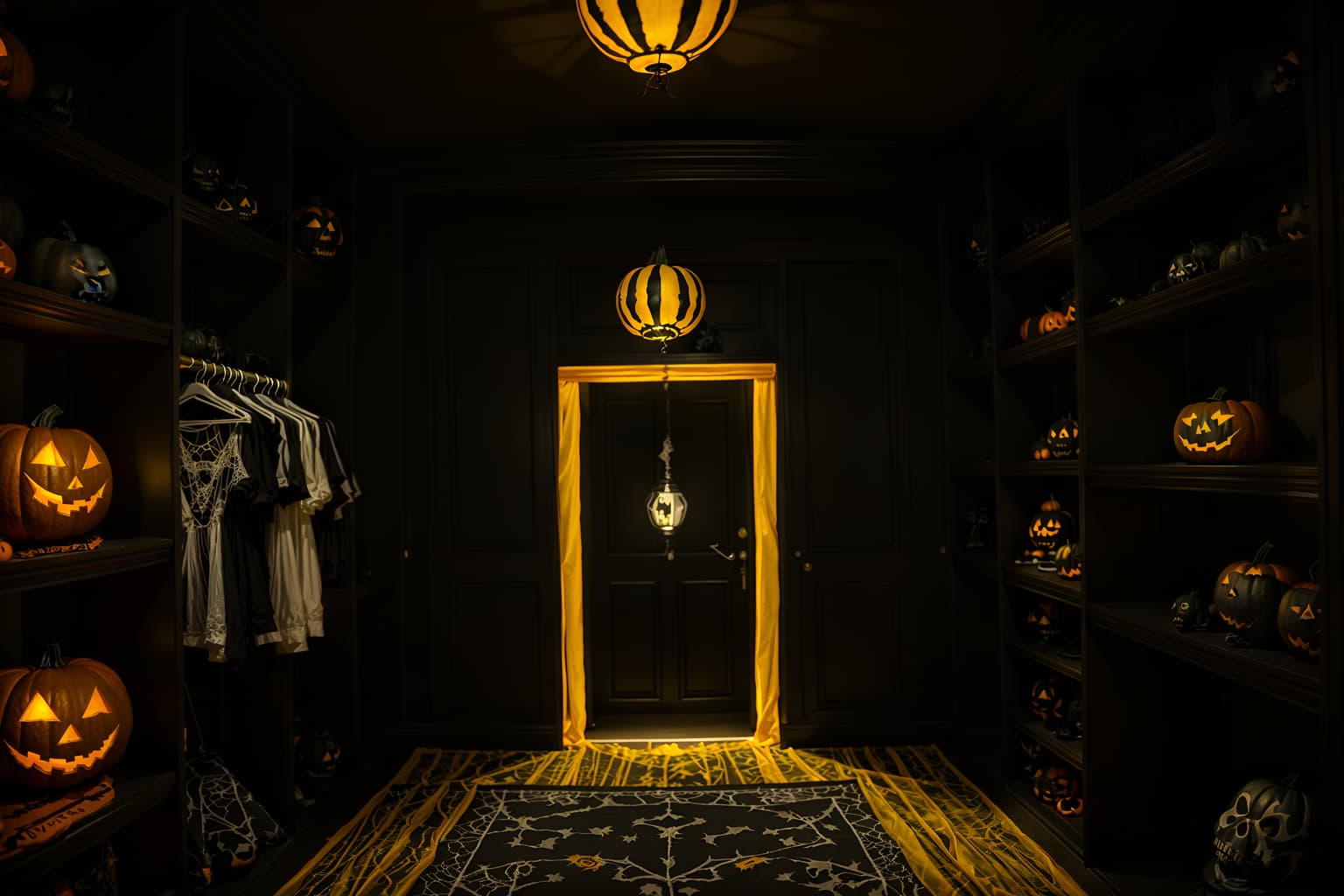 halloween-style (walk in closet interior) . with yellow black balloons and lanterns and glowing pumpkins and spiderwebs and lanterns and cobwebs and cobwebs and human skulls. . cinematic photo, highly detailed, cinematic lighting, ultra-detailed, ultrarealistic, photorealism, 8k. halloween interior design style. masterpiece, cinematic light, ultrarealistic+, photorealistic+, 8k, raw photo, realistic, sharp focus on eyes, (symmetrical eyes), (intact eyes), hyperrealistic, highest quality, best quality, , highly detailed, masterpiece, best quality, extremely detailed 8k wallpaper, masterpiece, best quality, ultra-detailed, best shadow, detailed background, detailed face, detailed eyes, high contrast, best illumination, detailed face, dulux, caustic, dynamic angle, detailed glow. dramatic lighting. highly detailed, insanely detailed hair, symmetrical, intricate details, professionally retouched, 8k high definition. strong bokeh. award winning photo.