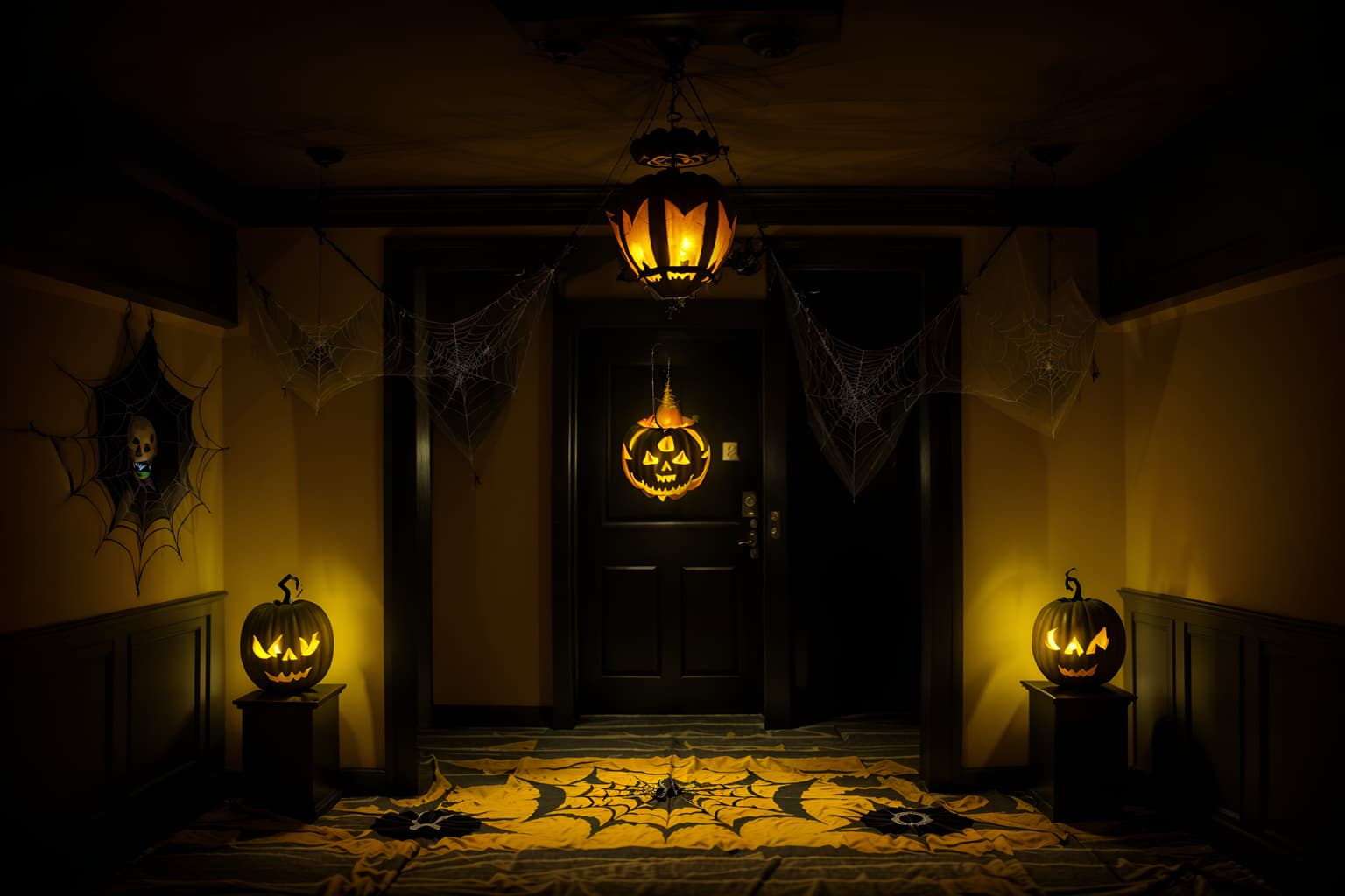 halloween-style (walk in closet interior) . with yellow black balloons and lanterns and glowing pumpkins and spiderwebs and lanterns and cobwebs and cobwebs and human skulls. . cinematic photo, highly detailed, cinematic lighting, ultra-detailed, ultrarealistic, photorealism, 8k. halloween interior design style. masterpiece, cinematic light, ultrarealistic+, photorealistic+, 8k, raw photo, realistic, sharp focus on eyes, (symmetrical eyes), (intact eyes), hyperrealistic, highest quality, best quality, , highly detailed, masterpiece, best quality, extremely detailed 8k wallpaper, masterpiece, best quality, ultra-detailed, best shadow, detailed background, detailed face, detailed eyes, high contrast, best illumination, detailed face, dulux, caustic, dynamic angle, detailed glow. dramatic lighting. highly detailed, insanely detailed hair, symmetrical, intricate details, professionally retouched, 8k high definition. strong bokeh. award winning photo.