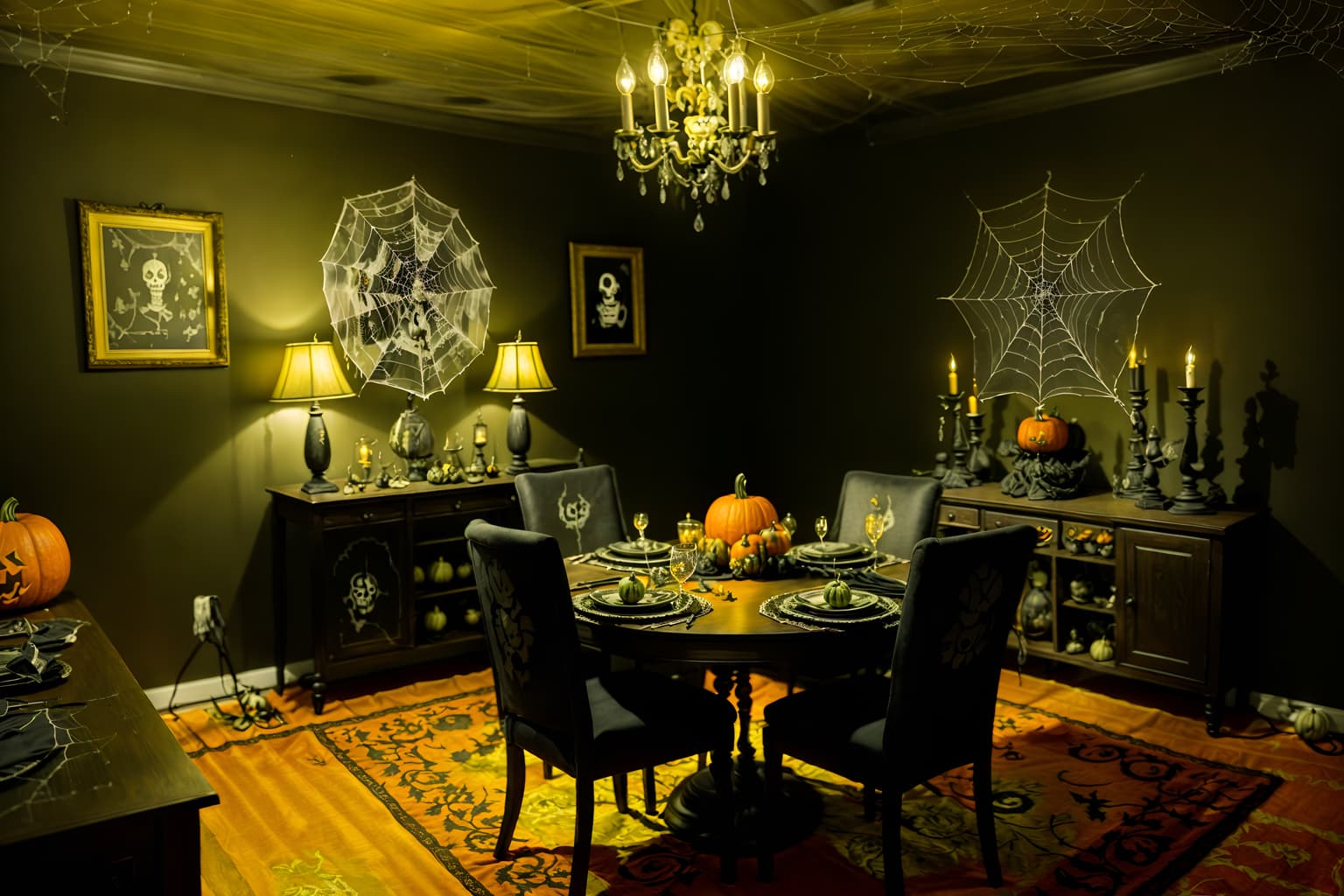halloween-style (dining room interior) with plant and table cloth and painting or photo on wall and bookshelves and light or chandelier and dining table and vase and plates, cutlery and glasses on dining table. . with spiderwebs and cobwebs and lanterns and cobwebs and yellow black balloons and lanterns and glowing pumpkins and human skulls. . cinematic photo, highly detailed, cinematic lighting, ultra-detailed, ultrarealistic, photorealism, 8k. halloween interior design style. masterpiece, cinematic light, ultrarealistic+, photorealistic+, 8k, raw photo, realistic, sharp focus on eyes, (symmetrical eyes), (intact eyes), hyperrealistic, highest quality, best quality, , highly detailed, masterpiece, best quality, extremely detailed 8k wallpaper, masterpiece, best quality, ultra-detailed, best shadow, detailed background, detailed face, detailed eyes, high contrast, best illumination, detailed face, dulux, caustic, dynamic angle, detailed glow. dramatic lighting. highly detailed, insanely detailed hair, symmetrical, intricate details, professionally retouched, 8k high definition. strong bokeh. award winning photo.