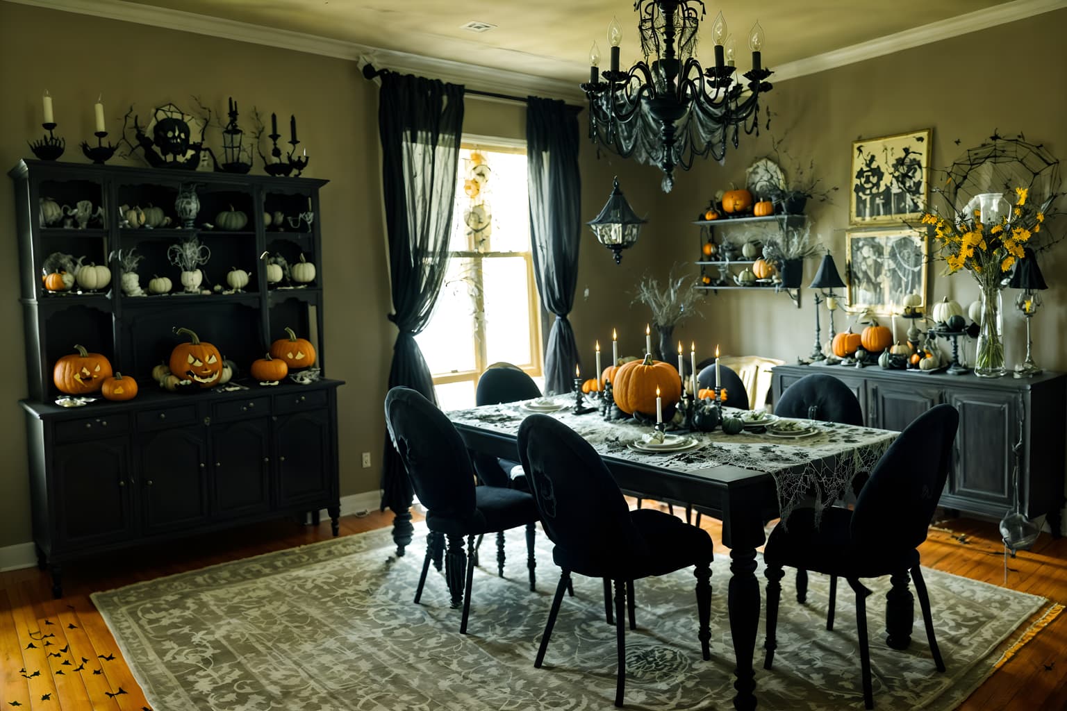 halloween-style (dining room interior) with plant and table cloth and painting or photo on wall and bookshelves and light or chandelier and dining table and vase and plates, cutlery and glasses on dining table. . with spiderwebs and cobwebs and lanterns and cobwebs and yellow black balloons and lanterns and glowing pumpkins and human skulls. . cinematic photo, highly detailed, cinematic lighting, ultra-detailed, ultrarealistic, photorealism, 8k. halloween interior design style. masterpiece, cinematic light, ultrarealistic+, photorealistic+, 8k, raw photo, realistic, sharp focus on eyes, (symmetrical eyes), (intact eyes), hyperrealistic, highest quality, best quality, , highly detailed, masterpiece, best quality, extremely detailed 8k wallpaper, masterpiece, best quality, ultra-detailed, best shadow, detailed background, detailed face, detailed eyes, high contrast, best illumination, detailed face, dulux, caustic, dynamic angle, detailed glow. dramatic lighting. highly detailed, insanely detailed hair, symmetrical, intricate details, professionally retouched, 8k high definition. strong bokeh. award winning photo.