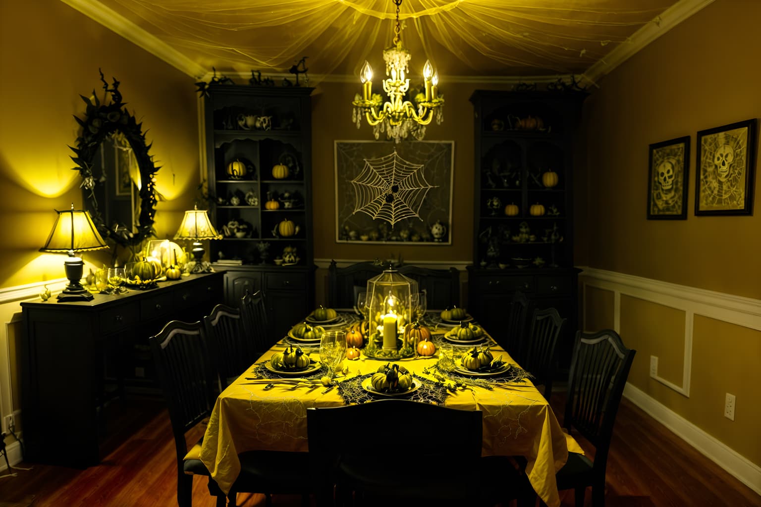 halloween-style (dining room interior) with plant and table cloth and painting or photo on wall and bookshelves and light or chandelier and dining table and vase and plates, cutlery and glasses on dining table. . with spiderwebs and cobwebs and lanterns and cobwebs and yellow black balloons and lanterns and glowing pumpkins and human skulls. . cinematic photo, highly detailed, cinematic lighting, ultra-detailed, ultrarealistic, photorealism, 8k. halloween interior design style. masterpiece, cinematic light, ultrarealistic+, photorealistic+, 8k, raw photo, realistic, sharp focus on eyes, (symmetrical eyes), (intact eyes), hyperrealistic, highest quality, best quality, , highly detailed, masterpiece, best quality, extremely detailed 8k wallpaper, masterpiece, best quality, ultra-detailed, best shadow, detailed background, detailed face, detailed eyes, high contrast, best illumination, detailed face, dulux, caustic, dynamic angle, detailed glow. dramatic lighting. highly detailed, insanely detailed hair, symmetrical, intricate details, professionally retouched, 8k high definition. strong bokeh. award winning photo.