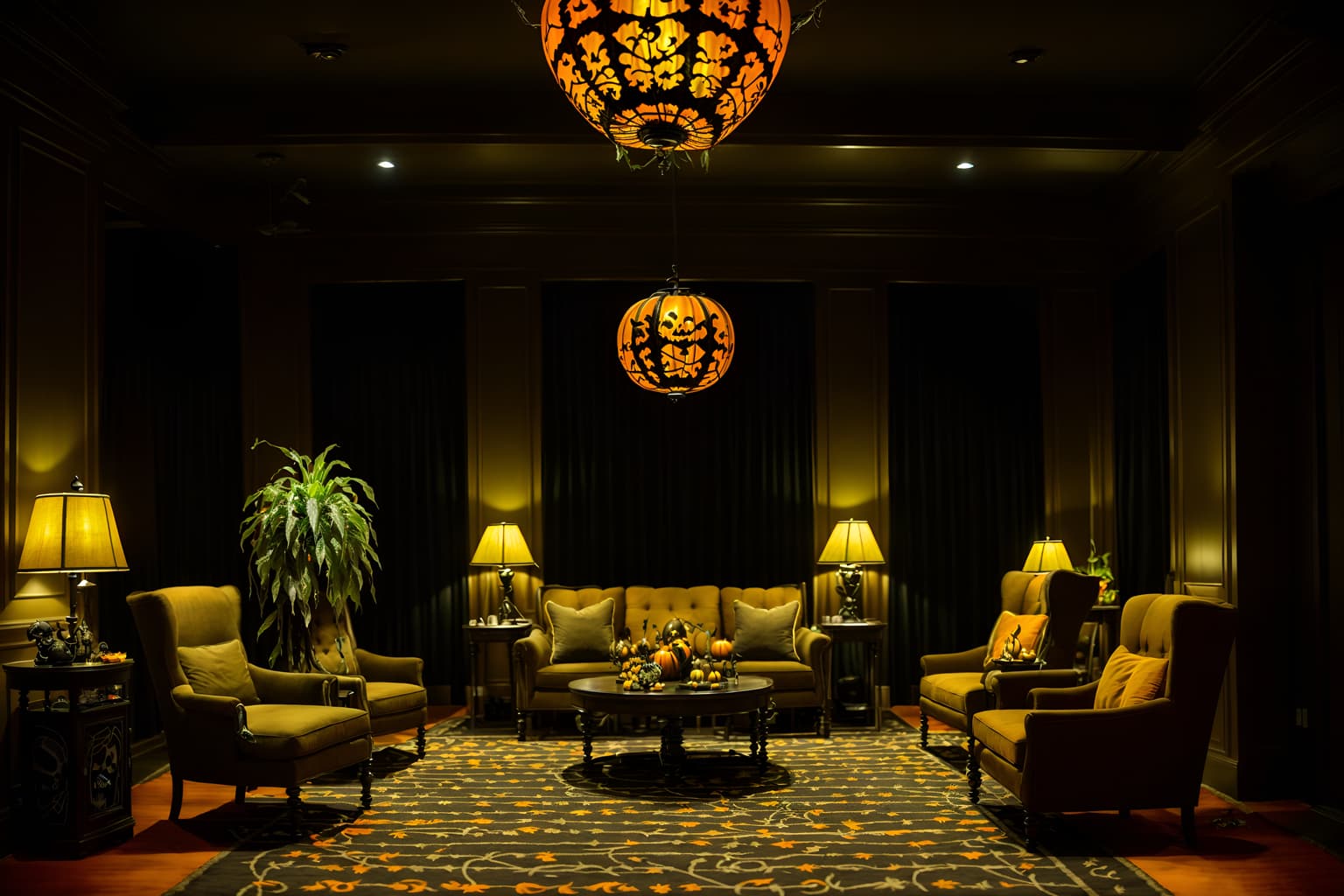 halloween-style (hotel lobby interior) with plant and check in desk and furniture and rug and sofas and coffee tables and hanging lamps and lounge chairs. . with skeletons sitting and standing and cobwebs and glowing pumpkins and yellow black balloons and lanterns and lanterns and human skulls and spiderwebs. . cinematic photo, highly detailed, cinematic lighting, ultra-detailed, ultrarealistic, photorealism, 8k. halloween interior design style. masterpiece, cinematic light, ultrarealistic+, photorealistic+, 8k, raw photo, realistic, sharp focus on eyes, (symmetrical eyes), (intact eyes), hyperrealistic, highest quality, best quality, , highly detailed, masterpiece, best quality, extremely detailed 8k wallpaper, masterpiece, best quality, ultra-detailed, best shadow, detailed background, detailed face, detailed eyes, high contrast, best illumination, detailed face, dulux, caustic, dynamic angle, detailed glow. dramatic lighting. highly detailed, insanely detailed hair, symmetrical, intricate details, professionally retouched, 8k high definition. strong bokeh. award winning photo.