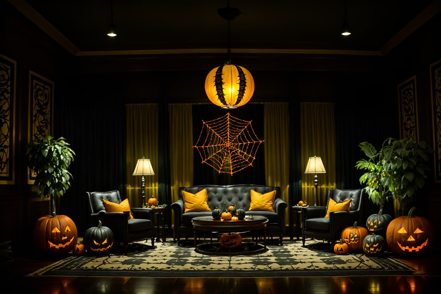 halloween-style (hotel lobby interior) with plant and check in desk and furniture and rug and sofas and coffee tables and hanging lamps and lounge chairs. . with skeletons sitting and standing and cobwebs and glowing pumpkins and yellow black balloons and lanterns and lanterns and human skulls and spiderwebs. . cinematic photo, highly detailed, cinematic lighting, ultra-detailed, ultrarealistic, photorealism, 8k. halloween interior design style. masterpiece, cinematic light, ultrarealistic+, photorealistic+, 8k, raw photo, realistic, sharp focus on eyes, (symmetrical eyes), (intact eyes), hyperrealistic, highest quality, best quality, , highly detailed, masterpiece, best quality, extremely detailed 8k wallpaper, masterpiece, best quality, ultra-detailed, best shadow, detailed background, detailed face, detailed eyes, high contrast, best illumination, detailed face, dulux, caustic, dynamic angle, detailed glow. dramatic lighting. highly detailed, insanely detailed hair, symmetrical, intricate details, professionally retouched, 8k high definition. strong bokeh. award winning photo.