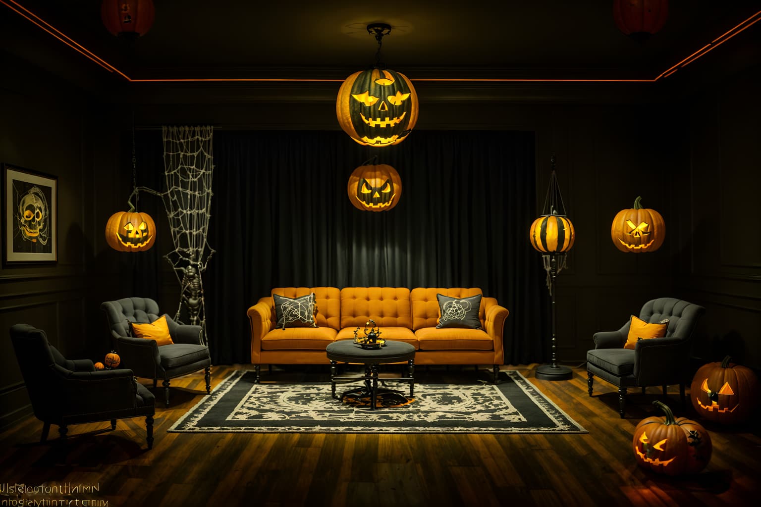 halloween-style (hotel lobby interior) with plant and check in desk and furniture and rug and sofas and coffee tables and hanging lamps and lounge chairs. . with skeletons sitting and standing and cobwebs and glowing pumpkins and yellow black balloons and lanterns and lanterns and human skulls and spiderwebs. . cinematic photo, highly detailed, cinematic lighting, ultra-detailed, ultrarealistic, photorealism, 8k. halloween interior design style. masterpiece, cinematic light, ultrarealistic+, photorealistic+, 8k, raw photo, realistic, sharp focus on eyes, (symmetrical eyes), (intact eyes), hyperrealistic, highest quality, best quality, , highly detailed, masterpiece, best quality, extremely detailed 8k wallpaper, masterpiece, best quality, ultra-detailed, best shadow, detailed background, detailed face, detailed eyes, high contrast, best illumination, detailed face, dulux, caustic, dynamic angle, detailed glow. dramatic lighting. highly detailed, insanely detailed hair, symmetrical, intricate details, professionally retouched, 8k high definition. strong bokeh. award winning photo.