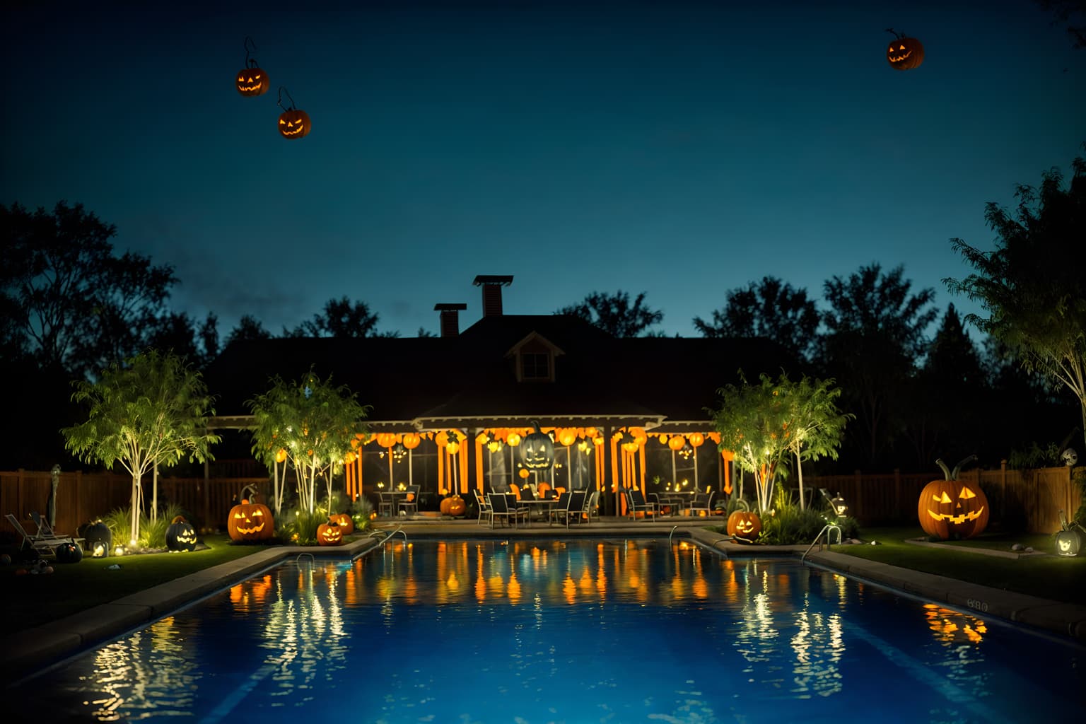 halloween-style designed (outdoor pool area ) with pool and pool lights and pool lounge chairs and pool. . with spiderwebs and glowing pumpkins and cobwebs and yellow black balloons and skeletons sitting and standing and human skulls and cobwebs and lanterns. . cinematic photo, highly detailed, cinematic lighting, ultra-detailed, ultrarealistic, photorealism, 8k. halloween design style. masterpiece, cinematic light, ultrarealistic+, photorealistic+, 8k, raw photo, realistic, sharp focus on eyes, (symmetrical eyes), (intact eyes), hyperrealistic, highest quality, best quality, , highly detailed, masterpiece, best quality, extremely detailed 8k wallpaper, masterpiece, best quality, ultra-detailed, best shadow, detailed background, detailed face, detailed eyes, high contrast, best illumination, detailed face, dulux, caustic, dynamic angle, detailed glow. dramatic lighting. highly detailed, insanely detailed hair, symmetrical, intricate details, professionally retouched, 8k high definition. strong bokeh. award winning photo.
