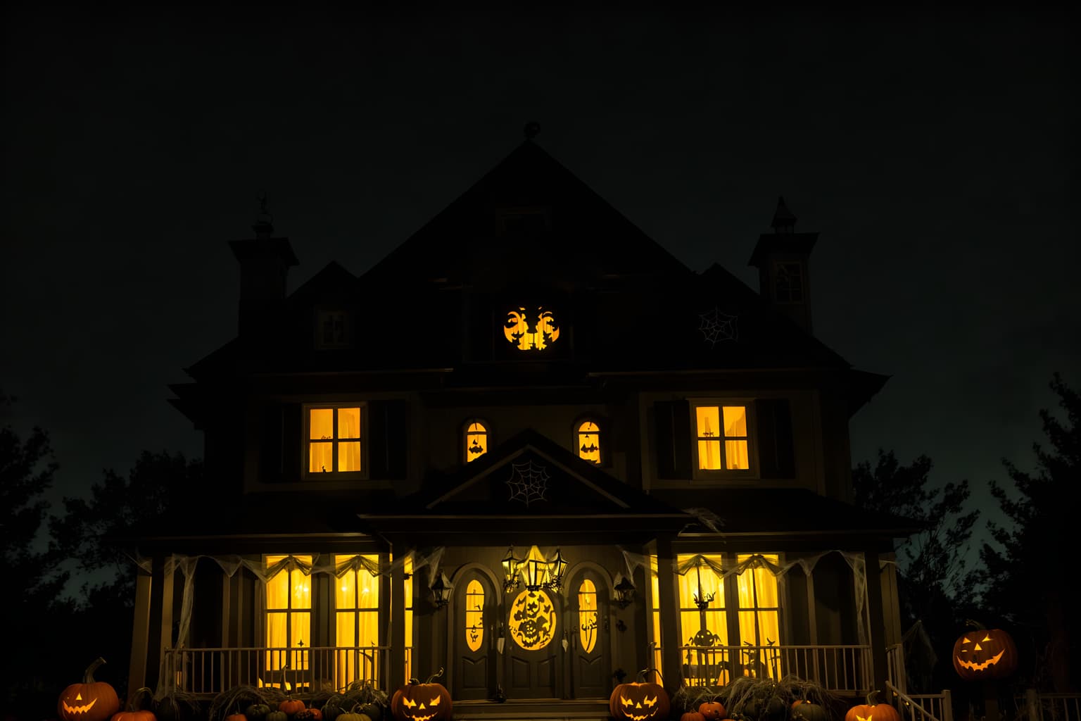 halloween-style exterior designed (house exterior exterior) . with cobwebs and spiderwebs and yellow black balloons and cobwebs and lanterns and lanterns and glowing pumpkins and human skulls. . cinematic photo, highly detailed, cinematic lighting, ultra-detailed, ultrarealistic, photorealism, 8k. halloween exterior design style. masterpiece, cinematic light, ultrarealistic+, photorealistic+, 8k, raw photo, realistic, sharp focus on eyes, (symmetrical eyes), (intact eyes), hyperrealistic, highest quality, best quality, , highly detailed, masterpiece, best quality, extremely detailed 8k wallpaper, masterpiece, best quality, ultra-detailed, best shadow, detailed background, detailed face, detailed eyes, high contrast, best illumination, detailed face, dulux, caustic, dynamic angle, detailed glow. dramatic lighting. highly detailed, insanely detailed hair, symmetrical, intricate details, professionally retouched, 8k high definition. strong bokeh. award winning photo.