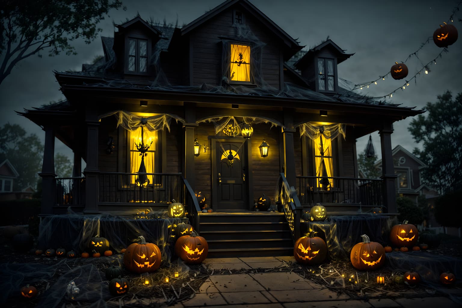 halloween-style exterior designed (house exterior exterior) . with cobwebs and spiderwebs and yellow black balloons and cobwebs and lanterns and lanterns and glowing pumpkins and human skulls. . cinematic photo, highly detailed, cinematic lighting, ultra-detailed, ultrarealistic, photorealism, 8k. halloween exterior design style. masterpiece, cinematic light, ultrarealistic+, photorealistic+, 8k, raw photo, realistic, sharp focus on eyes, (symmetrical eyes), (intact eyes), hyperrealistic, highest quality, best quality, , highly detailed, masterpiece, best quality, extremely detailed 8k wallpaper, masterpiece, best quality, ultra-detailed, best shadow, detailed background, detailed face, detailed eyes, high contrast, best illumination, detailed face, dulux, caustic, dynamic angle, detailed glow. dramatic lighting. highly detailed, insanely detailed hair, symmetrical, intricate details, professionally retouched, 8k high definition. strong bokeh. award winning photo.