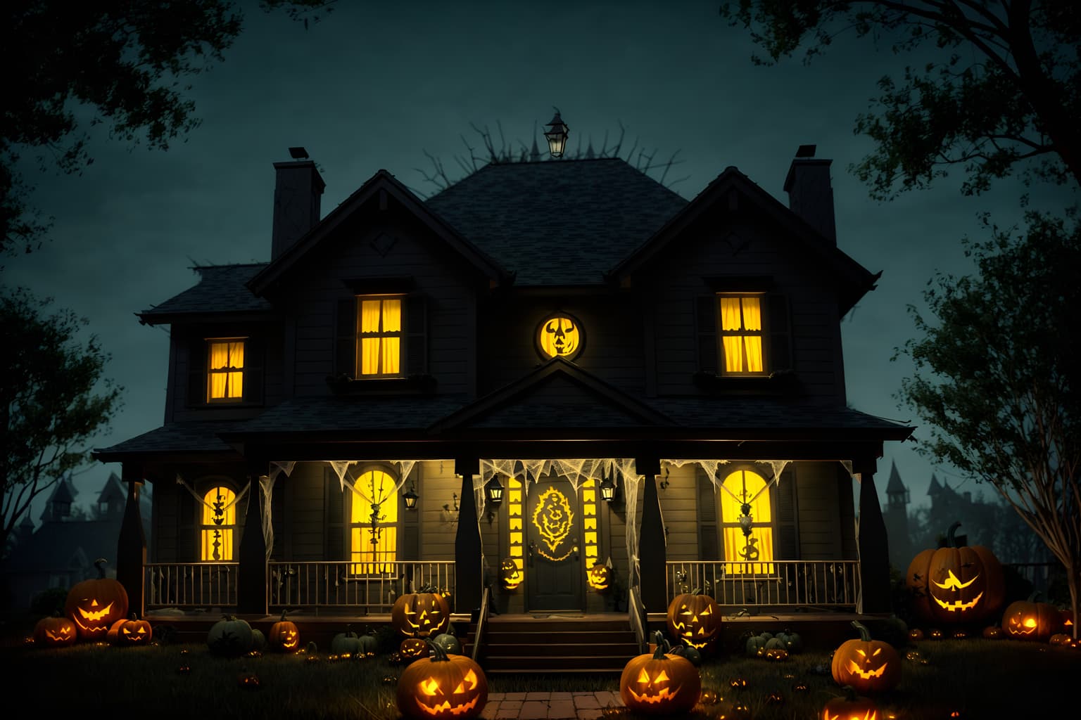 halloween-style exterior designed (house exterior exterior) . with cobwebs and spiderwebs and yellow black balloons and cobwebs and lanterns and lanterns and glowing pumpkins and human skulls. . cinematic photo, highly detailed, cinematic lighting, ultra-detailed, ultrarealistic, photorealism, 8k. halloween exterior design style. masterpiece, cinematic light, ultrarealistic+, photorealistic+, 8k, raw photo, realistic, sharp focus on eyes, (symmetrical eyes), (intact eyes), hyperrealistic, highest quality, best quality, , highly detailed, masterpiece, best quality, extremely detailed 8k wallpaper, masterpiece, best quality, ultra-detailed, best shadow, detailed background, detailed face, detailed eyes, high contrast, best illumination, detailed face, dulux, caustic, dynamic angle, detailed glow. dramatic lighting. highly detailed, insanely detailed hair, symmetrical, intricate details, professionally retouched, 8k high definition. strong bokeh. award winning photo.