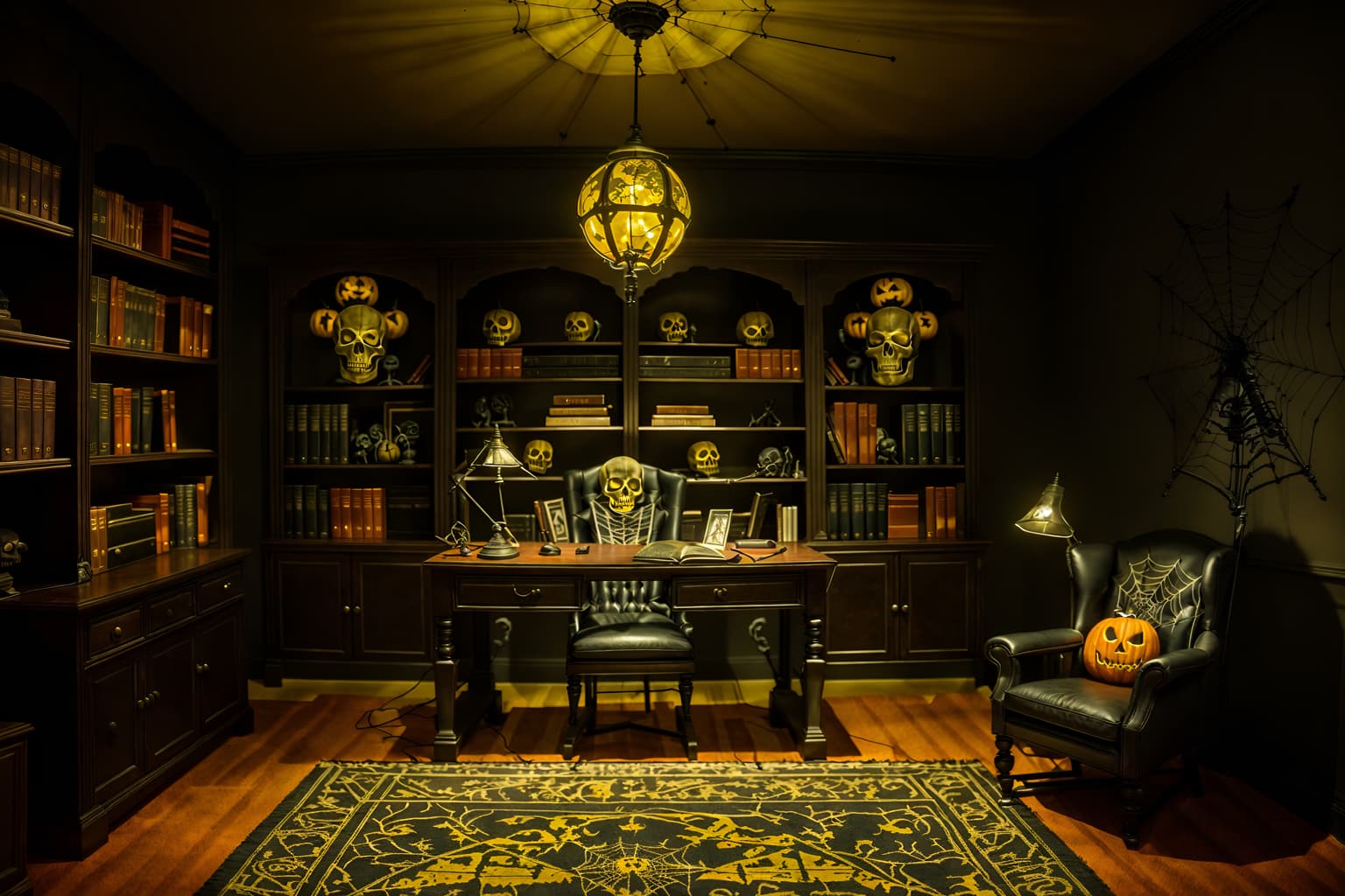 halloween-style (study room interior) with desk lamp and bookshelves and office chair and plant and cabinets and writing desk and lounge chair and desk lamp. . with cobwebs and human skulls and skeletons sitting and standing and spiderwebs and lanterns and lanterns and yellow black balloons and cobwebs. . cinematic photo, highly detailed, cinematic lighting, ultra-detailed, ultrarealistic, photorealism, 8k. halloween interior design style. masterpiece, cinematic light, ultrarealistic+, photorealistic+, 8k, raw photo, realistic, sharp focus on eyes, (symmetrical eyes), (intact eyes), hyperrealistic, highest quality, best quality, , highly detailed, masterpiece, best quality, extremely detailed 8k wallpaper, masterpiece, best quality, ultra-detailed, best shadow, detailed background, detailed face, detailed eyes, high contrast, best illumination, detailed face, dulux, caustic, dynamic angle, detailed glow. dramatic lighting. highly detailed, insanely detailed hair, symmetrical, intricate details, professionally retouched, 8k high definition. strong bokeh. award winning photo.