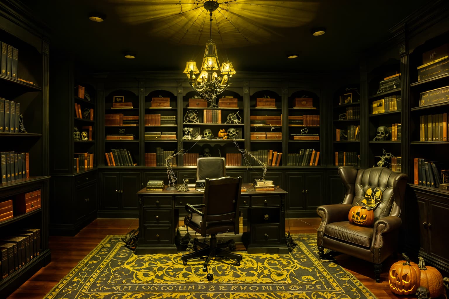 halloween-style (study room interior) with desk lamp and bookshelves and office chair and plant and cabinets and writing desk and lounge chair and desk lamp. . with cobwebs and human skulls and skeletons sitting and standing and spiderwebs and lanterns and lanterns and yellow black balloons and cobwebs. . cinematic photo, highly detailed, cinematic lighting, ultra-detailed, ultrarealistic, photorealism, 8k. halloween interior design style. masterpiece, cinematic light, ultrarealistic+, photorealistic+, 8k, raw photo, realistic, sharp focus on eyes, (symmetrical eyes), (intact eyes), hyperrealistic, highest quality, best quality, , highly detailed, masterpiece, best quality, extremely detailed 8k wallpaper, masterpiece, best quality, ultra-detailed, best shadow, detailed background, detailed face, detailed eyes, high contrast, best illumination, detailed face, dulux, caustic, dynamic angle, detailed glow. dramatic lighting. highly detailed, insanely detailed hair, symmetrical, intricate details, professionally retouched, 8k high definition. strong bokeh. award winning photo.