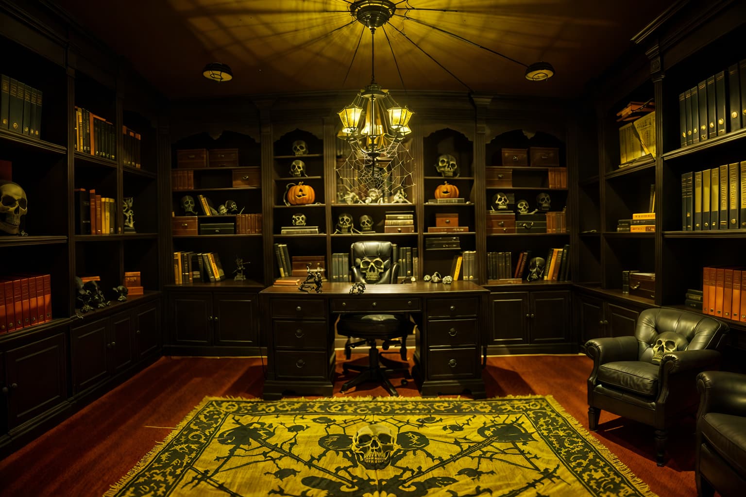 halloween-style (study room interior) with desk lamp and bookshelves and office chair and plant and cabinets and writing desk and lounge chair and desk lamp. . with cobwebs and human skulls and skeletons sitting and standing and spiderwebs and lanterns and lanterns and yellow black balloons and cobwebs. . cinematic photo, highly detailed, cinematic lighting, ultra-detailed, ultrarealistic, photorealism, 8k. halloween interior design style. masterpiece, cinematic light, ultrarealistic+, photorealistic+, 8k, raw photo, realistic, sharp focus on eyes, (symmetrical eyes), (intact eyes), hyperrealistic, highest quality, best quality, , highly detailed, masterpiece, best quality, extremely detailed 8k wallpaper, masterpiece, best quality, ultra-detailed, best shadow, detailed background, detailed face, detailed eyes, high contrast, best illumination, detailed face, dulux, caustic, dynamic angle, detailed glow. dramatic lighting. highly detailed, insanely detailed hair, symmetrical, intricate details, professionally retouched, 8k high definition. strong bokeh. award winning photo.