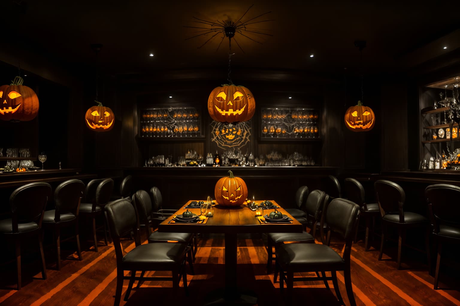 halloween-style (restaurant interior) with restaurant chairs and restaurant bar and restaurant decor and restaurant dining tables and restaurant chairs. . with glowing pumpkins and skeletons sitting and standing and lanterns and human skulls and spiderwebs and lanterns and cobwebs and yellow black balloons. . cinematic photo, highly detailed, cinematic lighting, ultra-detailed, ultrarealistic, photorealism, 8k. halloween interior design style. masterpiece, cinematic light, ultrarealistic+, photorealistic+, 8k, raw photo, realistic, sharp focus on eyes, (symmetrical eyes), (intact eyes), hyperrealistic, highest quality, best quality, , highly detailed, masterpiece, best quality, extremely detailed 8k wallpaper, masterpiece, best quality, ultra-detailed, best shadow, detailed background, detailed face, detailed eyes, high contrast, best illumination, detailed face, dulux, caustic, dynamic angle, detailed glow. dramatic lighting. highly detailed, insanely detailed hair, symmetrical, intricate details, professionally retouched, 8k high definition. strong bokeh. award winning photo.