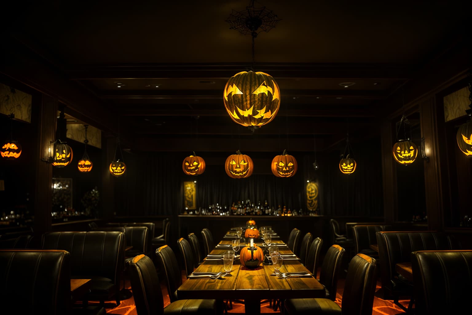 halloween-style (restaurant interior) with restaurant chairs and restaurant bar and restaurant decor and restaurant dining tables and restaurant chairs. . with glowing pumpkins and skeletons sitting and standing and lanterns and human skulls and spiderwebs and lanterns and cobwebs and yellow black balloons. . cinematic photo, highly detailed, cinematic lighting, ultra-detailed, ultrarealistic, photorealism, 8k. halloween interior design style. masterpiece, cinematic light, ultrarealistic+, photorealistic+, 8k, raw photo, realistic, sharp focus on eyes, (symmetrical eyes), (intact eyes), hyperrealistic, highest quality, best quality, , highly detailed, masterpiece, best quality, extremely detailed 8k wallpaper, masterpiece, best quality, ultra-detailed, best shadow, detailed background, detailed face, detailed eyes, high contrast, best illumination, detailed face, dulux, caustic, dynamic angle, detailed glow. dramatic lighting. highly detailed, insanely detailed hair, symmetrical, intricate details, professionally retouched, 8k high definition. strong bokeh. award winning photo.