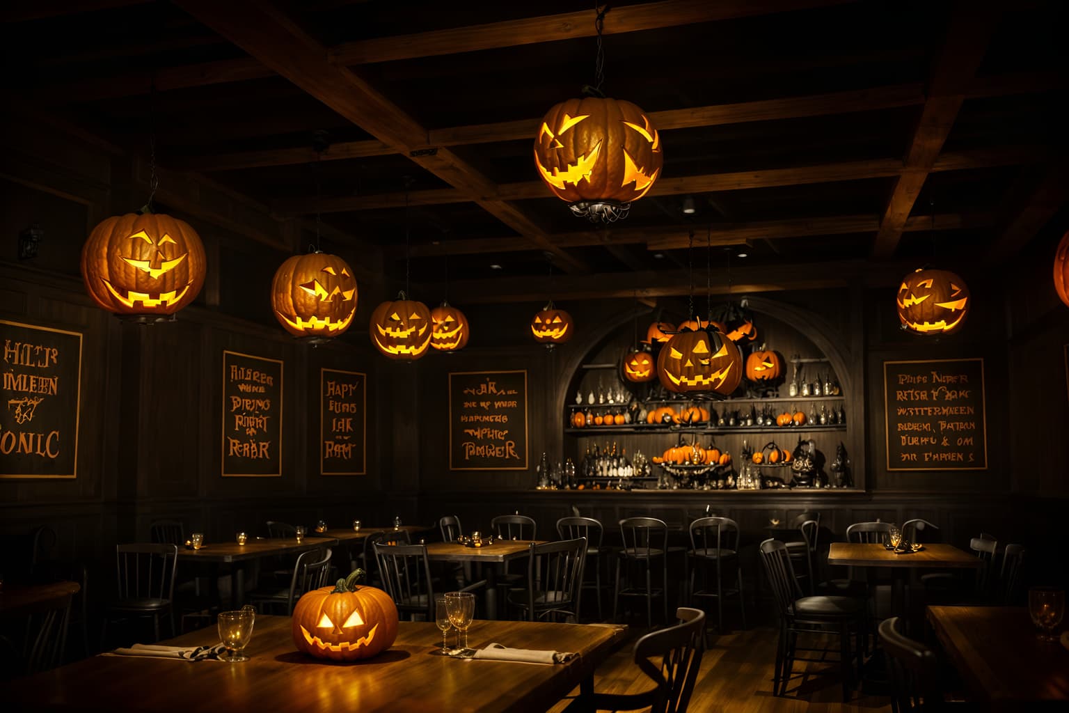 halloween-style (restaurant interior) with restaurant chairs and restaurant bar and restaurant decor and restaurant dining tables and restaurant chairs. . with glowing pumpkins and skeletons sitting and standing and lanterns and human skulls and spiderwebs and lanterns and cobwebs and yellow black balloons. . cinematic photo, highly detailed, cinematic lighting, ultra-detailed, ultrarealistic, photorealism, 8k. halloween interior design style. masterpiece, cinematic light, ultrarealistic+, photorealistic+, 8k, raw photo, realistic, sharp focus on eyes, (symmetrical eyes), (intact eyes), hyperrealistic, highest quality, best quality, , highly detailed, masterpiece, best quality, extremely detailed 8k wallpaper, masterpiece, best quality, ultra-detailed, best shadow, detailed background, detailed face, detailed eyes, high contrast, best illumination, detailed face, dulux, caustic, dynamic angle, detailed glow. dramatic lighting. highly detailed, insanely detailed hair, symmetrical, intricate details, professionally retouched, 8k high definition. strong bokeh. award winning photo.