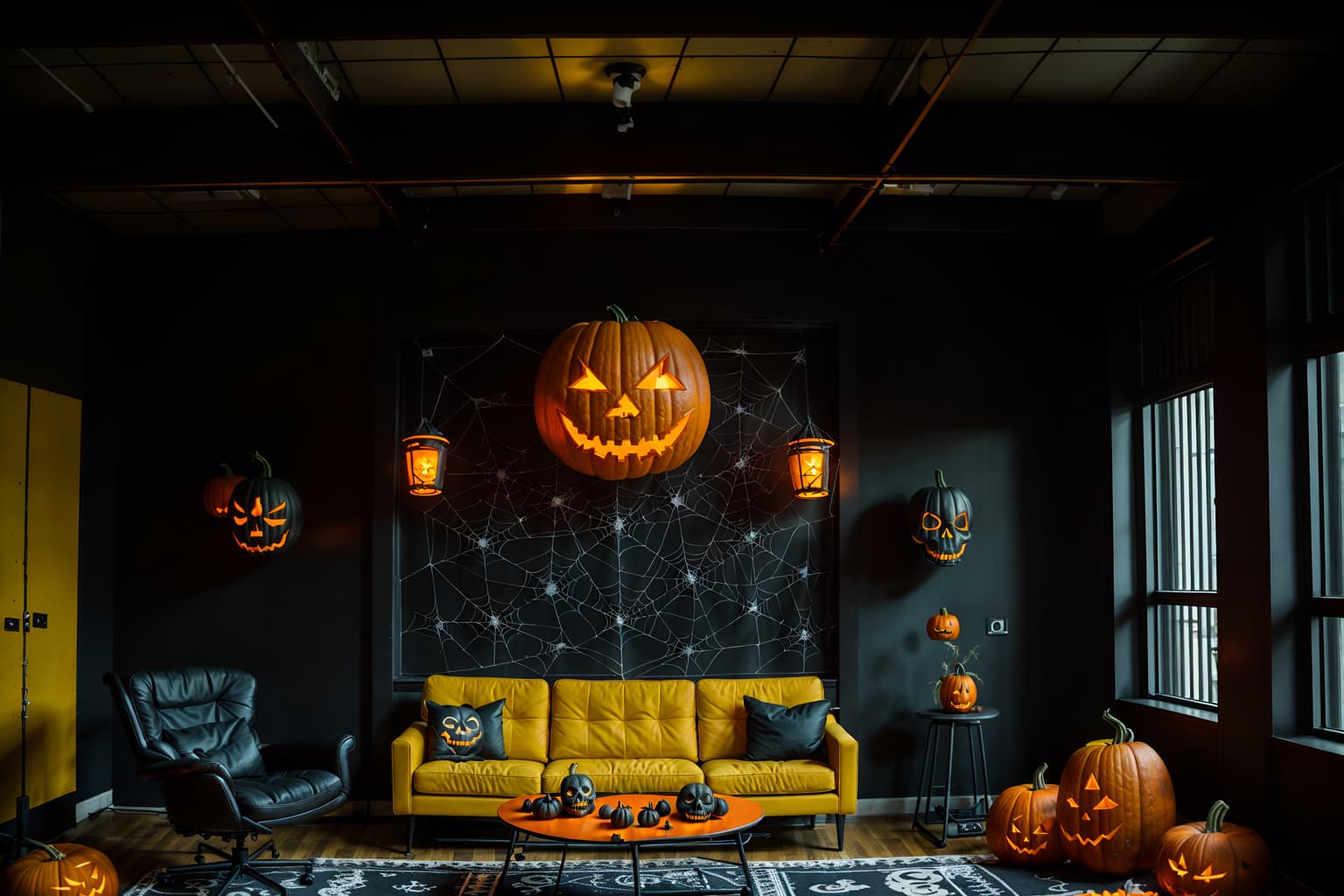 halloween-style (coworking space interior) with lounge chairs and office chairs and office desks and seating area with sofa and lounge chairs. . with glowing pumpkins and cobwebs and human skulls and lanterns and spiderwebs and cobwebs and skeletons sitting and standing and yellow black balloons. . cinematic photo, highly detailed, cinematic lighting, ultra-detailed, ultrarealistic, photorealism, 8k. halloween interior design style. masterpiece, cinematic light, ultrarealistic+, photorealistic+, 8k, raw photo, realistic, sharp focus on eyes, (symmetrical eyes), (intact eyes), hyperrealistic, highest quality, best quality, , highly detailed, masterpiece, best quality, extremely detailed 8k wallpaper, masterpiece, best quality, ultra-detailed, best shadow, detailed background, detailed face, detailed eyes, high contrast, best illumination, detailed face, dulux, caustic, dynamic angle, detailed glow. dramatic lighting. highly detailed, insanely detailed hair, symmetrical, intricate details, professionally retouched, 8k high definition. strong bokeh. award winning photo.