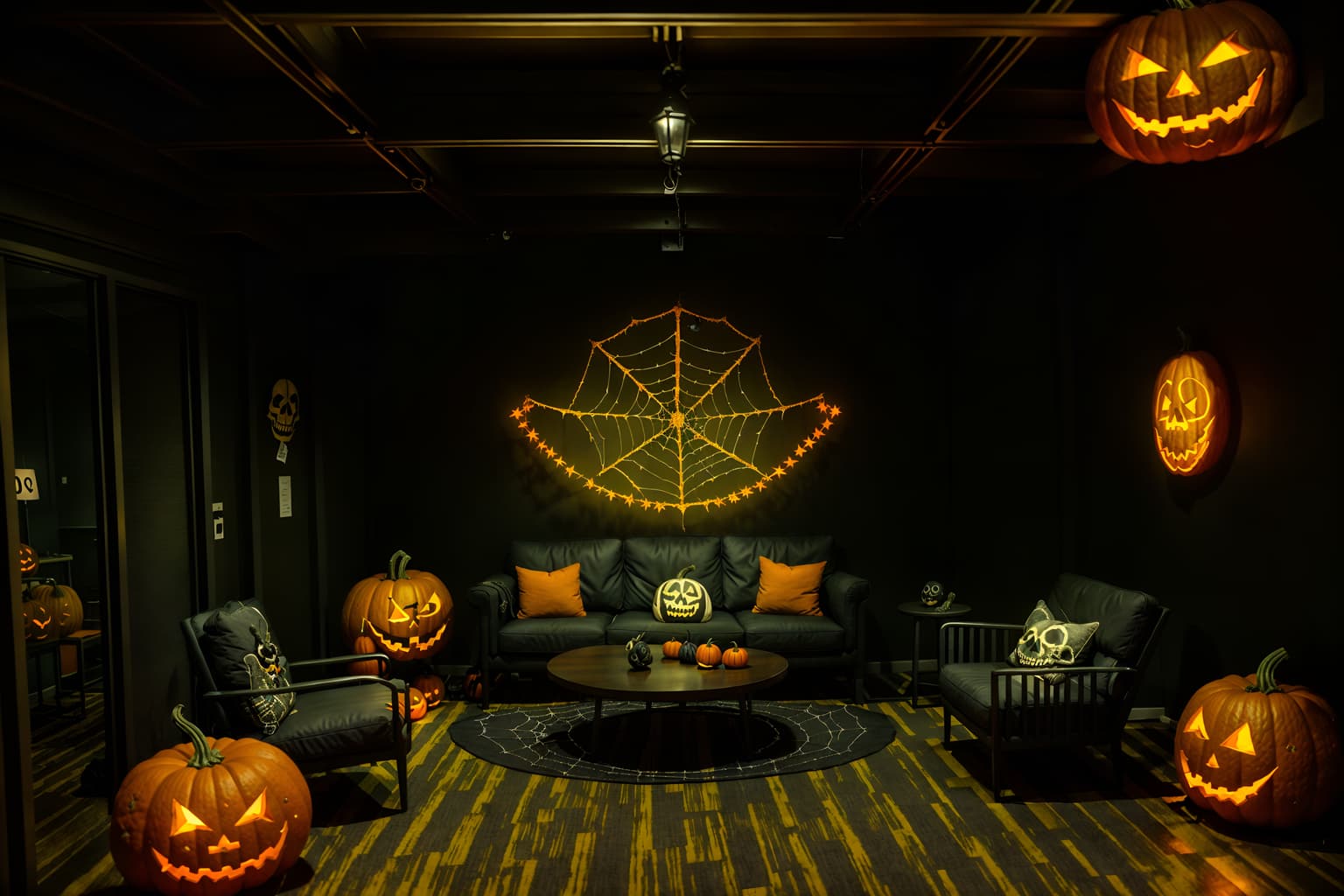 halloween-style (coworking space interior) with lounge chairs and office chairs and office desks and seating area with sofa and lounge chairs. . with glowing pumpkins and cobwebs and human skulls and lanterns and spiderwebs and cobwebs and skeletons sitting and standing and yellow black balloons. . cinematic photo, highly detailed, cinematic lighting, ultra-detailed, ultrarealistic, photorealism, 8k. halloween interior design style. masterpiece, cinematic light, ultrarealistic+, photorealistic+, 8k, raw photo, realistic, sharp focus on eyes, (symmetrical eyes), (intact eyes), hyperrealistic, highest quality, best quality, , highly detailed, masterpiece, best quality, extremely detailed 8k wallpaper, masterpiece, best quality, ultra-detailed, best shadow, detailed background, detailed face, detailed eyes, high contrast, best illumination, detailed face, dulux, caustic, dynamic angle, detailed glow. dramatic lighting. highly detailed, insanely detailed hair, symmetrical, intricate details, professionally retouched, 8k high definition. strong bokeh. award winning photo.