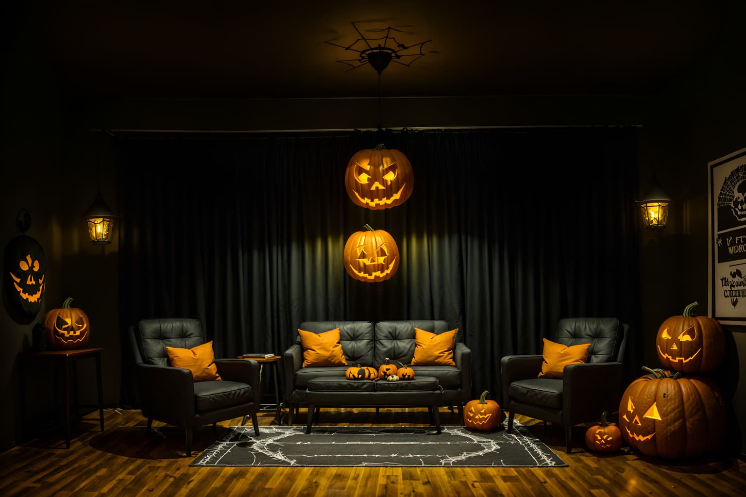 halloween-style (coworking space interior) with lounge chairs and office chairs and office desks and seating area with sofa and lounge chairs. . with glowing pumpkins and cobwebs and human skulls and lanterns and spiderwebs and cobwebs and skeletons sitting and standing and yellow black balloons. . cinematic photo, highly detailed, cinematic lighting, ultra-detailed, ultrarealistic, photorealism, 8k. halloween interior design style. masterpiece, cinematic light, ultrarealistic+, photorealistic+, 8k, raw photo, realistic, sharp focus on eyes, (symmetrical eyes), (intact eyes), hyperrealistic, highest quality, best quality, , highly detailed, masterpiece, best quality, extremely detailed 8k wallpaper, masterpiece, best quality, ultra-detailed, best shadow, detailed background, detailed face, detailed eyes, high contrast, best illumination, detailed face, dulux, caustic, dynamic angle, detailed glow. dramatic lighting. highly detailed, insanely detailed hair, symmetrical, intricate details, professionally retouched, 8k high definition. strong bokeh. award winning photo.