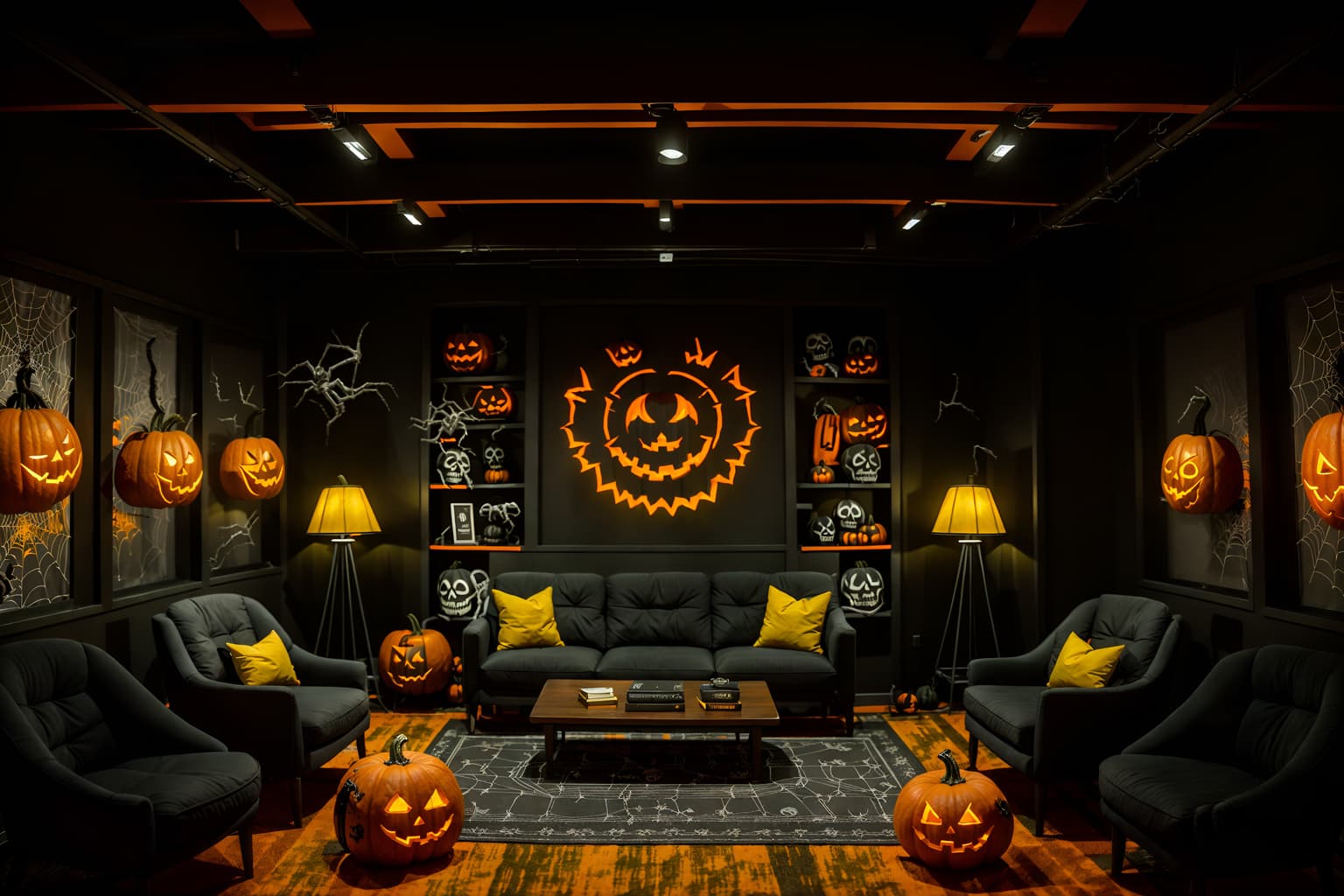 halloween-style (coworking space interior) with lounge chairs and office chairs and office desks and seating area with sofa and lounge chairs. . with glowing pumpkins and cobwebs and human skulls and lanterns and spiderwebs and cobwebs and skeletons sitting and standing and yellow black balloons. . cinematic photo, highly detailed, cinematic lighting, ultra-detailed, ultrarealistic, photorealism, 8k. halloween interior design style. masterpiece, cinematic light, ultrarealistic+, photorealistic+, 8k, raw photo, realistic, sharp focus on eyes, (symmetrical eyes), (intact eyes), hyperrealistic, highest quality, best quality, , highly detailed, masterpiece, best quality, extremely detailed 8k wallpaper, masterpiece, best quality, ultra-detailed, best shadow, detailed background, detailed face, detailed eyes, high contrast, best illumination, detailed face, dulux, caustic, dynamic angle, detailed glow. dramatic lighting. highly detailed, insanely detailed hair, symmetrical, intricate details, professionally retouched, 8k high definition. strong bokeh. award winning photo.
