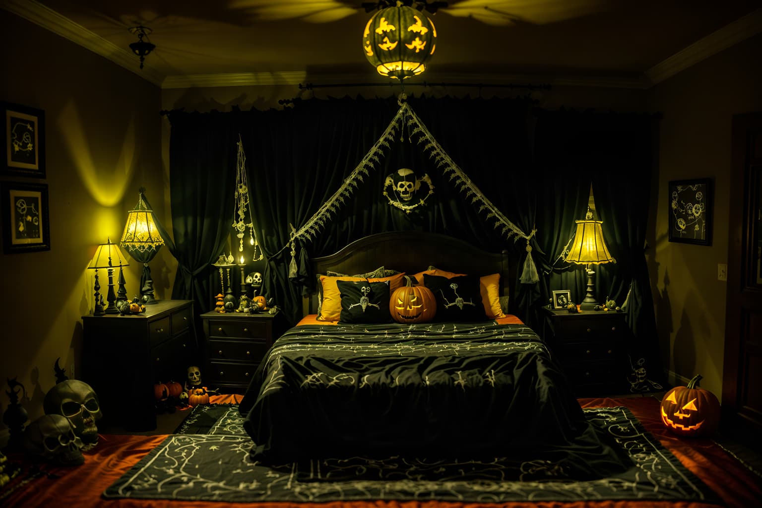 halloween-style (bedroom interior) with night light and headboard and dresser closet and mirror and plant and bedside table or night stand and bed and storage bench or ottoman. . with lanterns and skeletons sitting and standing and human skulls and glowing pumpkins and yellow black balloons and spiderwebs and cobwebs and lanterns. . cinematic photo, highly detailed, cinematic lighting, ultra-detailed, ultrarealistic, photorealism, 8k. halloween interior design style. masterpiece, cinematic light, ultrarealistic+, photorealistic+, 8k, raw photo, realistic, sharp focus on eyes, (symmetrical eyes), (intact eyes), hyperrealistic, highest quality, best quality, , highly detailed, masterpiece, best quality, extremely detailed 8k wallpaper, masterpiece, best quality, ultra-detailed, best shadow, detailed background, detailed face, detailed eyes, high contrast, best illumination, detailed face, dulux, caustic, dynamic angle, detailed glow. dramatic lighting. highly detailed, insanely detailed hair, symmetrical, intricate details, professionally retouched, 8k high definition. strong bokeh. award winning photo.