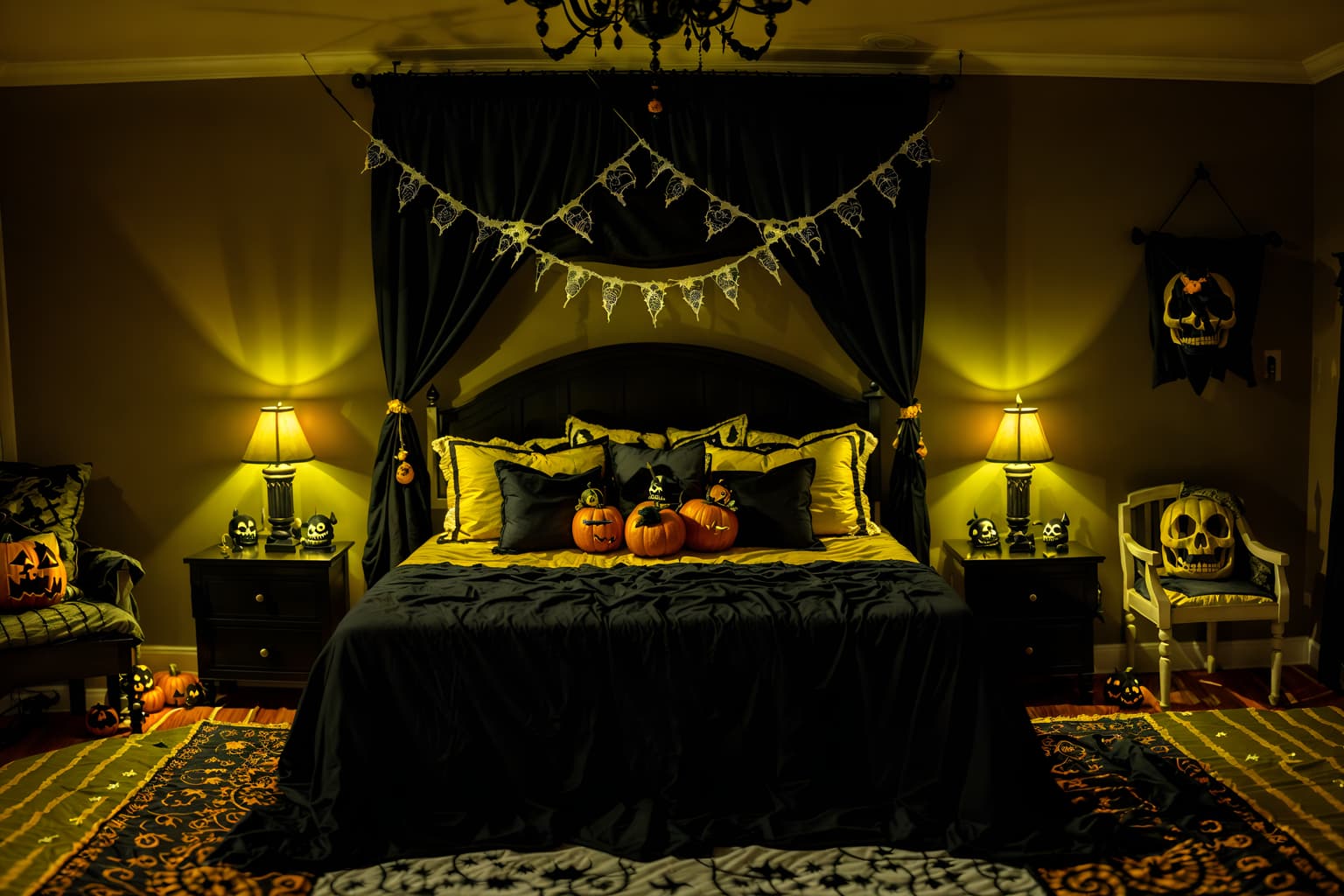 halloween-style (bedroom interior) with night light and headboard and dresser closet and mirror and plant and bedside table or night stand and bed and storage bench or ottoman. . with lanterns and skeletons sitting and standing and human skulls and glowing pumpkins and yellow black balloons and spiderwebs and cobwebs and lanterns. . cinematic photo, highly detailed, cinematic lighting, ultra-detailed, ultrarealistic, photorealism, 8k. halloween interior design style. masterpiece, cinematic light, ultrarealistic+, photorealistic+, 8k, raw photo, realistic, sharp focus on eyes, (symmetrical eyes), (intact eyes), hyperrealistic, highest quality, best quality, , highly detailed, masterpiece, best quality, extremely detailed 8k wallpaper, masterpiece, best quality, ultra-detailed, best shadow, detailed background, detailed face, detailed eyes, high contrast, best illumination, detailed face, dulux, caustic, dynamic angle, detailed glow. dramatic lighting. highly detailed, insanely detailed hair, symmetrical, intricate details, professionally retouched, 8k high definition. strong bokeh. award winning photo.