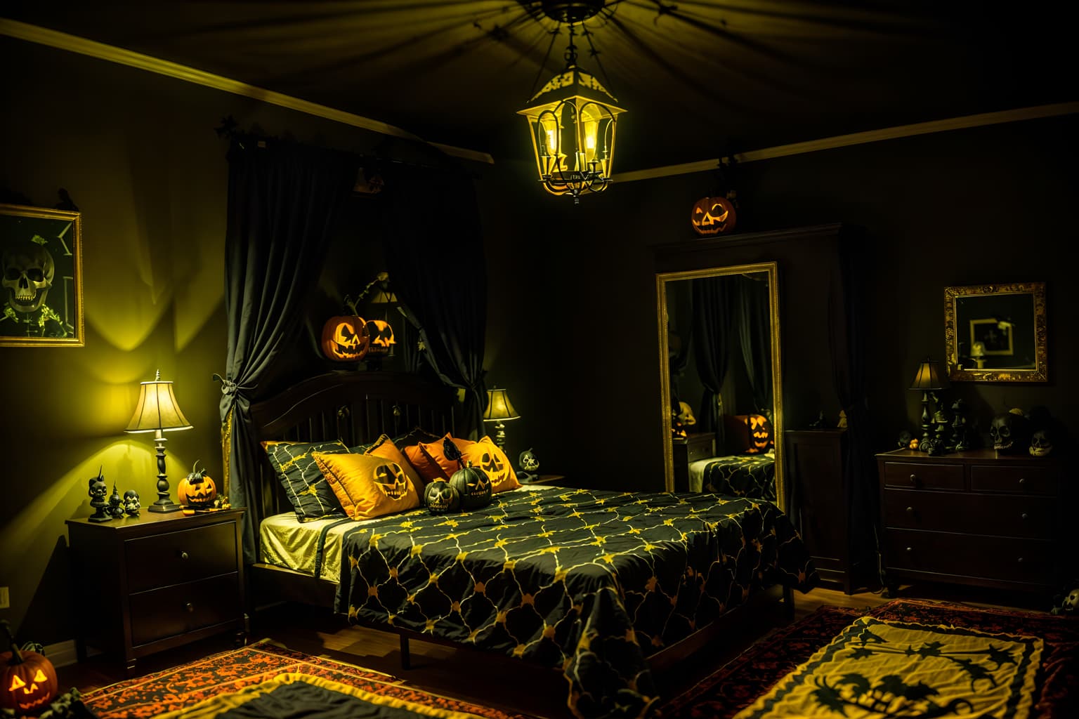 halloween-style (bedroom interior) with night light and headboard and dresser closet and mirror and plant and bedside table or night stand and bed and storage bench or ottoman. . with lanterns and skeletons sitting and standing and human skulls and glowing pumpkins and yellow black balloons and spiderwebs and cobwebs and lanterns. . cinematic photo, highly detailed, cinematic lighting, ultra-detailed, ultrarealistic, photorealism, 8k. halloween interior design style. masterpiece, cinematic light, ultrarealistic+, photorealistic+, 8k, raw photo, realistic, sharp focus on eyes, (symmetrical eyes), (intact eyes), hyperrealistic, highest quality, best quality, , highly detailed, masterpiece, best quality, extremely detailed 8k wallpaper, masterpiece, best quality, ultra-detailed, best shadow, detailed background, detailed face, detailed eyes, high contrast, best illumination, detailed face, dulux, caustic, dynamic angle, detailed glow. dramatic lighting. highly detailed, insanely detailed hair, symmetrical, intricate details, professionally retouched, 8k high definition. strong bokeh. award winning photo.