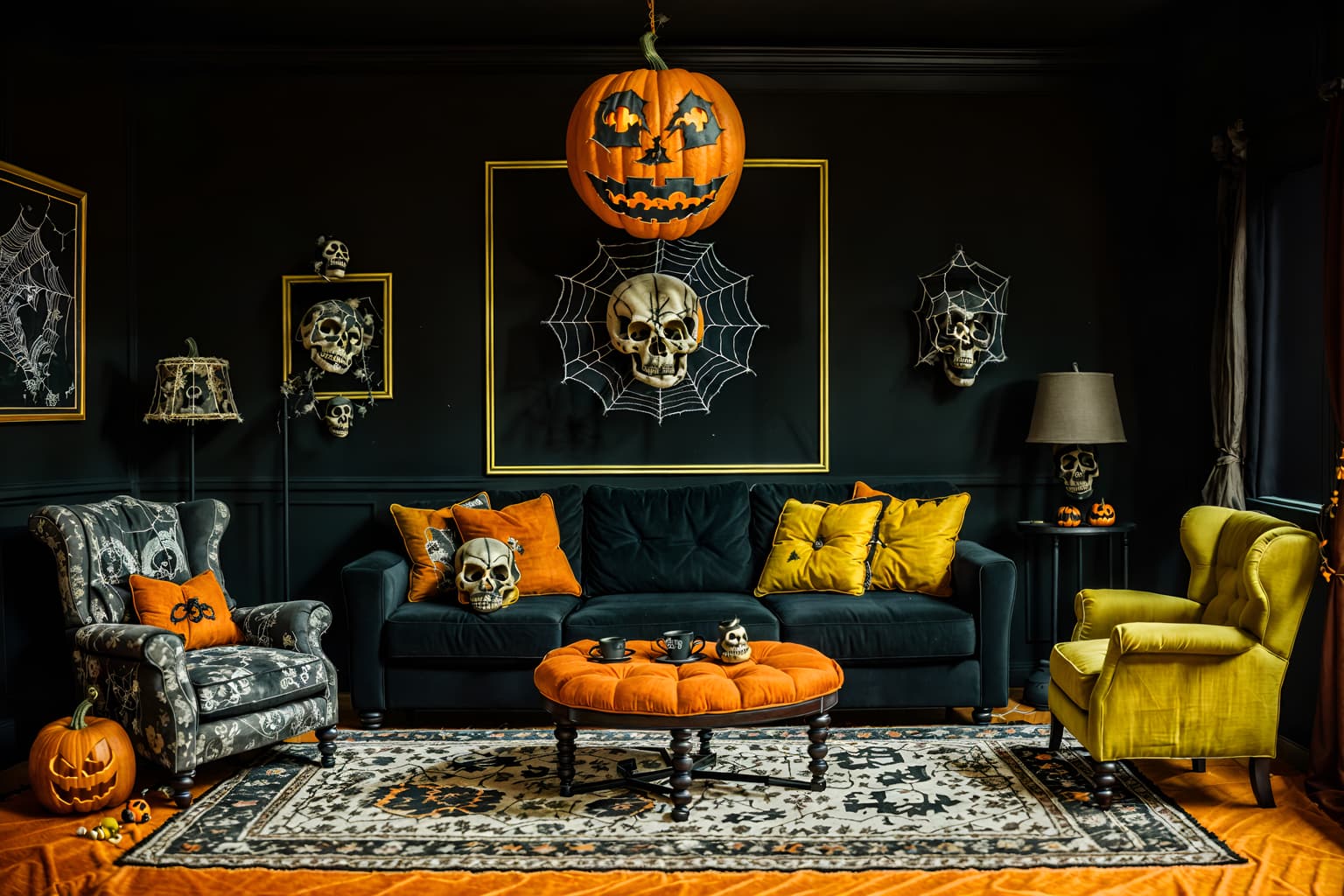 halloween-style (living room interior) with sofa and furniture and coffee tables and rug and chairs and plant and televisions and occasional tables. . with human skulls and cobwebs and spiderwebs and cobwebs and skeletons sitting and standing and glowing pumpkins and yellow black balloons and lanterns. . cinematic photo, highly detailed, cinematic lighting, ultra-detailed, ultrarealistic, photorealism, 8k. halloween interior design style. masterpiece, cinematic light, ultrarealistic+, photorealistic+, 8k, raw photo, realistic, sharp focus on eyes, (symmetrical eyes), (intact eyes), hyperrealistic, highest quality, best quality, , highly detailed, masterpiece, best quality, extremely detailed 8k wallpaper, masterpiece, best quality, ultra-detailed, best shadow, detailed background, detailed face, detailed eyes, high contrast, best illumination, detailed face, dulux, caustic, dynamic angle, detailed glow. dramatic lighting. highly detailed, insanely detailed hair, symmetrical, intricate details, professionally retouched, 8k high definition. strong bokeh. award winning photo.