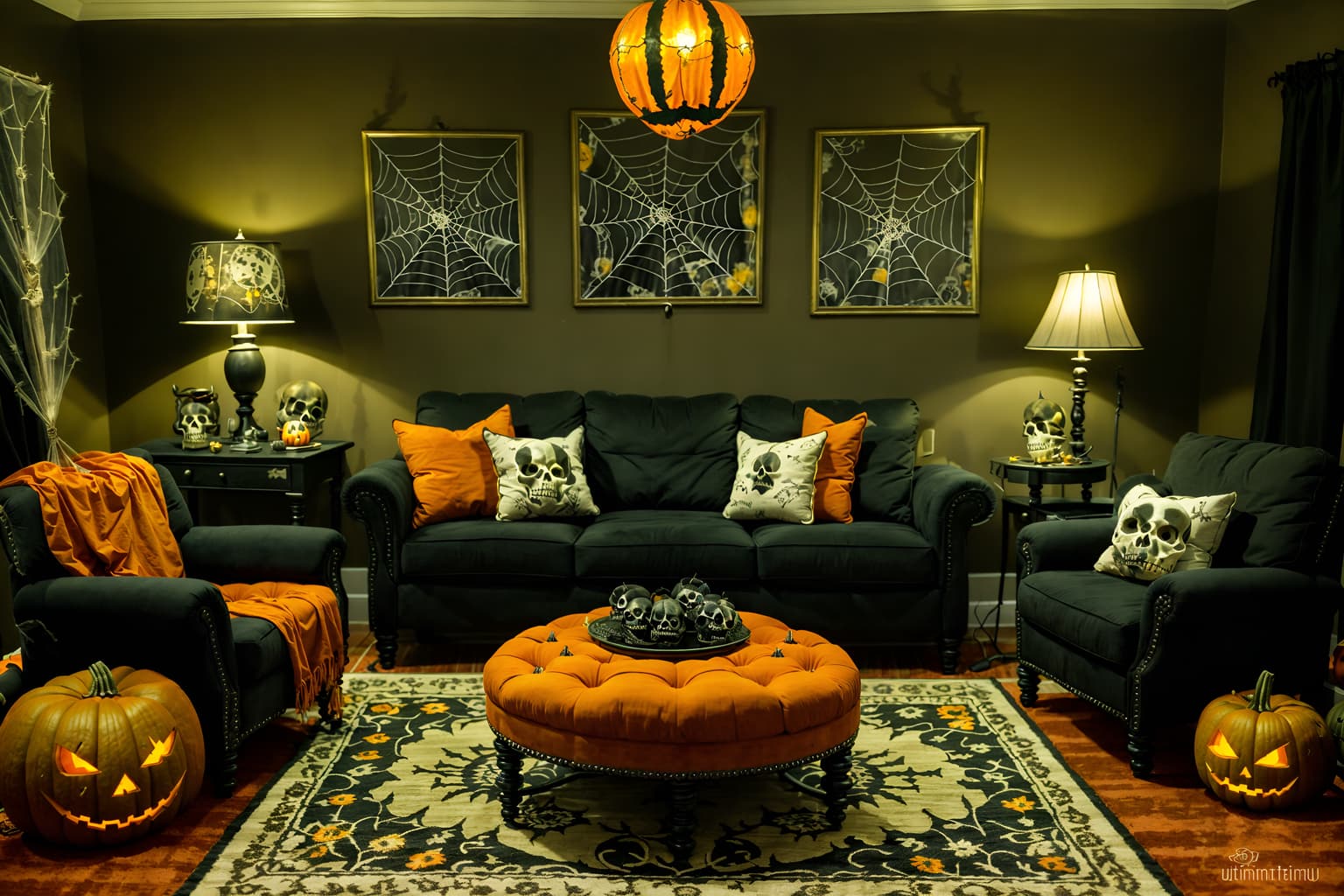 halloween-style (living room interior) with sofa and furniture and coffee tables and rug and chairs and plant and televisions and occasional tables. . with human skulls and cobwebs and spiderwebs and cobwebs and skeletons sitting and standing and glowing pumpkins and yellow black balloons and lanterns. . cinematic photo, highly detailed, cinematic lighting, ultra-detailed, ultrarealistic, photorealism, 8k. halloween interior design style. masterpiece, cinematic light, ultrarealistic+, photorealistic+, 8k, raw photo, realistic, sharp focus on eyes, (symmetrical eyes), (intact eyes), hyperrealistic, highest quality, best quality, , highly detailed, masterpiece, best quality, extremely detailed 8k wallpaper, masterpiece, best quality, ultra-detailed, best shadow, detailed background, detailed face, detailed eyes, high contrast, best illumination, detailed face, dulux, caustic, dynamic angle, detailed glow. dramatic lighting. highly detailed, insanely detailed hair, symmetrical, intricate details, professionally retouched, 8k high definition. strong bokeh. award winning photo.