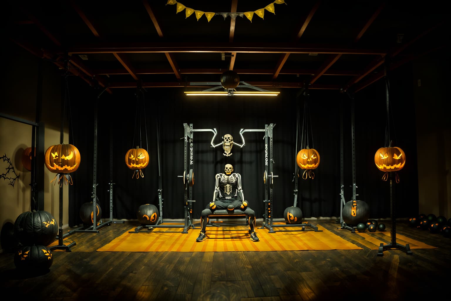 halloween-style (fitness gym interior) with dumbbell stand and crosstrainer and squat rack and bench press and exercise bicycle and dumbbell stand. . with yellow black balloons and lanterns and cobwebs and human skulls and skeletons sitting and standing and cobwebs and spiderwebs and glowing pumpkins. . cinematic photo, highly detailed, cinematic lighting, ultra-detailed, ultrarealistic, photorealism, 8k. halloween interior design style. masterpiece, cinematic light, ultrarealistic+, photorealistic+, 8k, raw photo, realistic, sharp focus on eyes, (symmetrical eyes), (intact eyes), hyperrealistic, highest quality, best quality, , highly detailed, masterpiece, best quality, extremely detailed 8k wallpaper, masterpiece, best quality, ultra-detailed, best shadow, detailed background, detailed face, detailed eyes, high contrast, best illumination, detailed face, dulux, caustic, dynamic angle, detailed glow. dramatic lighting. highly detailed, insanely detailed hair, symmetrical, intricate details, professionally retouched, 8k high definition. strong bokeh. award winning photo.