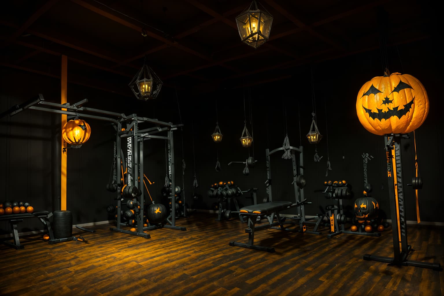 halloween-style (fitness gym interior) with dumbbell stand and crosstrainer and squat rack and bench press and exercise bicycle and dumbbell stand. . with yellow black balloons and lanterns and cobwebs and human skulls and skeletons sitting and standing and cobwebs and spiderwebs and glowing pumpkins. . cinematic photo, highly detailed, cinematic lighting, ultra-detailed, ultrarealistic, photorealism, 8k. halloween interior design style. masterpiece, cinematic light, ultrarealistic+, photorealistic+, 8k, raw photo, realistic, sharp focus on eyes, (symmetrical eyes), (intact eyes), hyperrealistic, highest quality, best quality, , highly detailed, masterpiece, best quality, extremely detailed 8k wallpaper, masterpiece, best quality, ultra-detailed, best shadow, detailed background, detailed face, detailed eyes, high contrast, best illumination, detailed face, dulux, caustic, dynamic angle, detailed glow. dramatic lighting. highly detailed, insanely detailed hair, symmetrical, intricate details, professionally retouched, 8k high definition. strong bokeh. award winning photo.