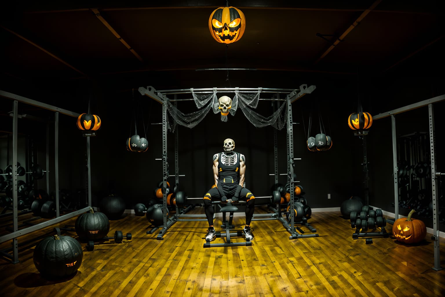 halloween-style (fitness gym interior) with dumbbell stand and crosstrainer and squat rack and bench press and exercise bicycle and dumbbell stand. . with yellow black balloons and lanterns and cobwebs and human skulls and skeletons sitting and standing and cobwebs and spiderwebs and glowing pumpkins. . cinematic photo, highly detailed, cinematic lighting, ultra-detailed, ultrarealistic, photorealism, 8k. halloween interior design style. masterpiece, cinematic light, ultrarealistic+, photorealistic+, 8k, raw photo, realistic, sharp focus on eyes, (symmetrical eyes), (intact eyes), hyperrealistic, highest quality, best quality, , highly detailed, masterpiece, best quality, extremely detailed 8k wallpaper, masterpiece, best quality, ultra-detailed, best shadow, detailed background, detailed face, detailed eyes, high contrast, best illumination, detailed face, dulux, caustic, dynamic angle, detailed glow. dramatic lighting. highly detailed, insanely detailed hair, symmetrical, intricate details, professionally retouched, 8k high definition. strong bokeh. award winning photo.
